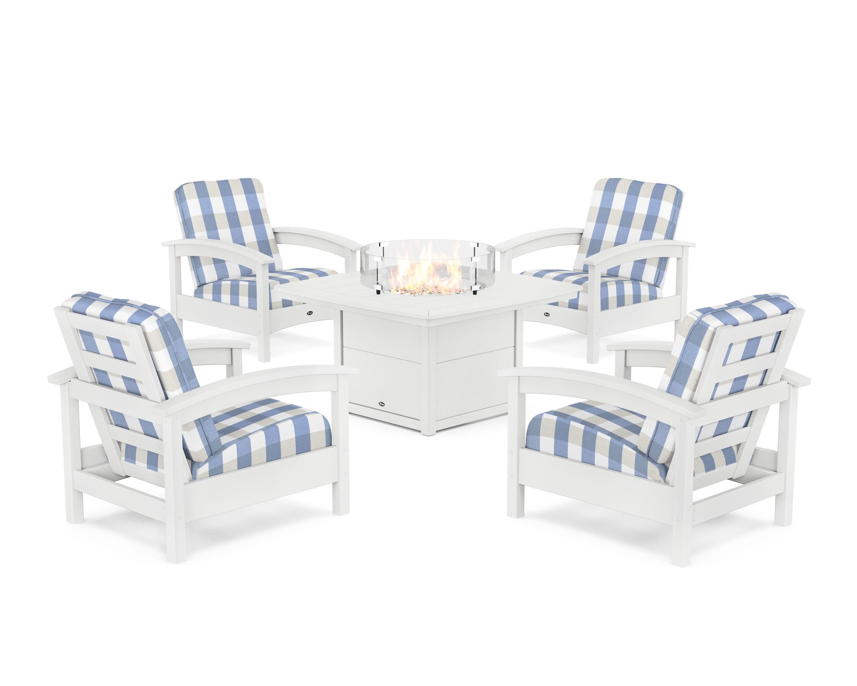 Rockport 5-Piece Deep Seating Set with Yacht Club Fire Pit Table in Classic White / Buffalo Plaid Sky Blue