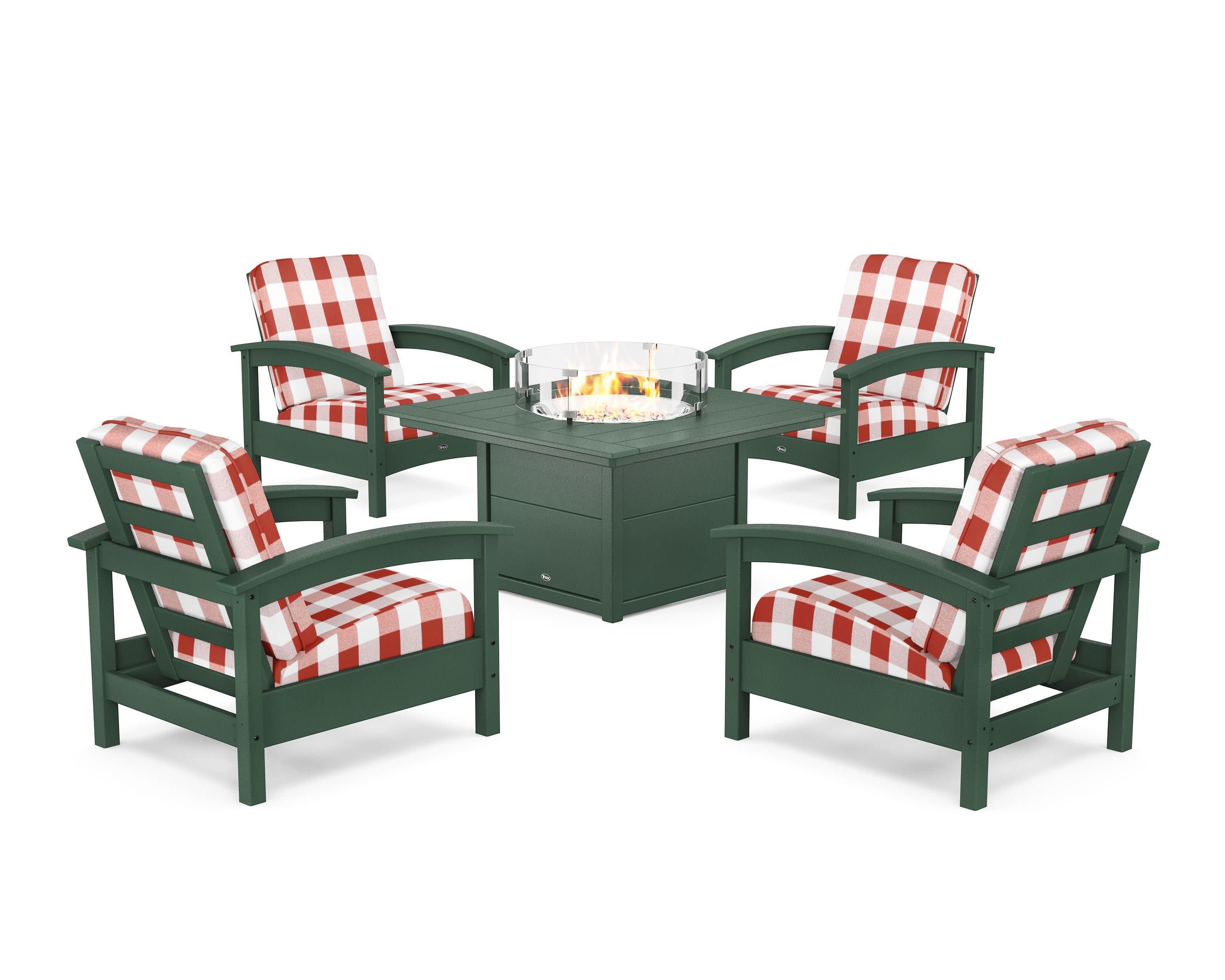 Rockport 5-Piece Deep Seating Set with Square Fire Pit Table in Rainforest Canopy / Buffalo Plaid Crimson