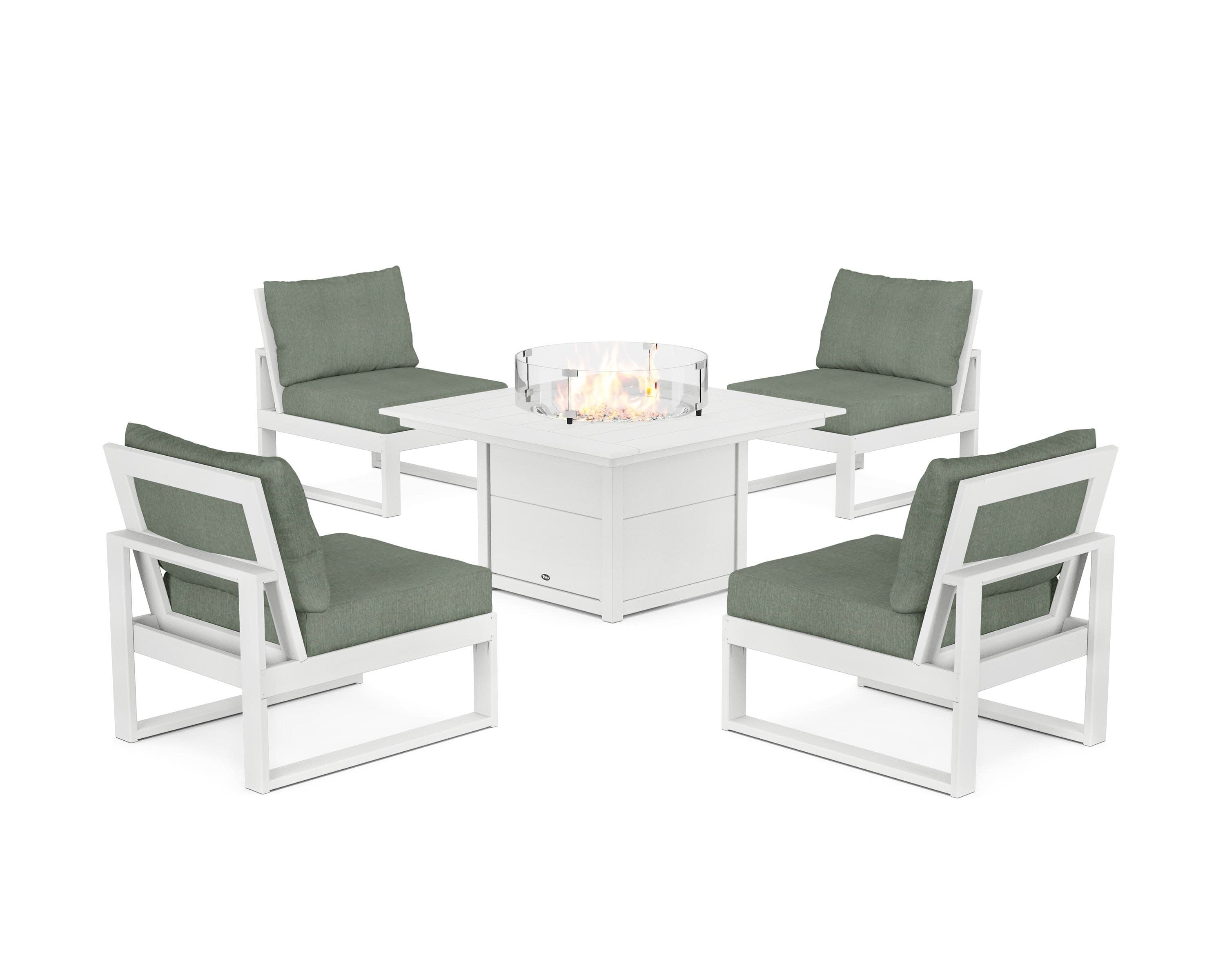 Eastport Modular 5-Piece Deep Seating Set with Square Fire Pit Table in Classic White / Cast Sage