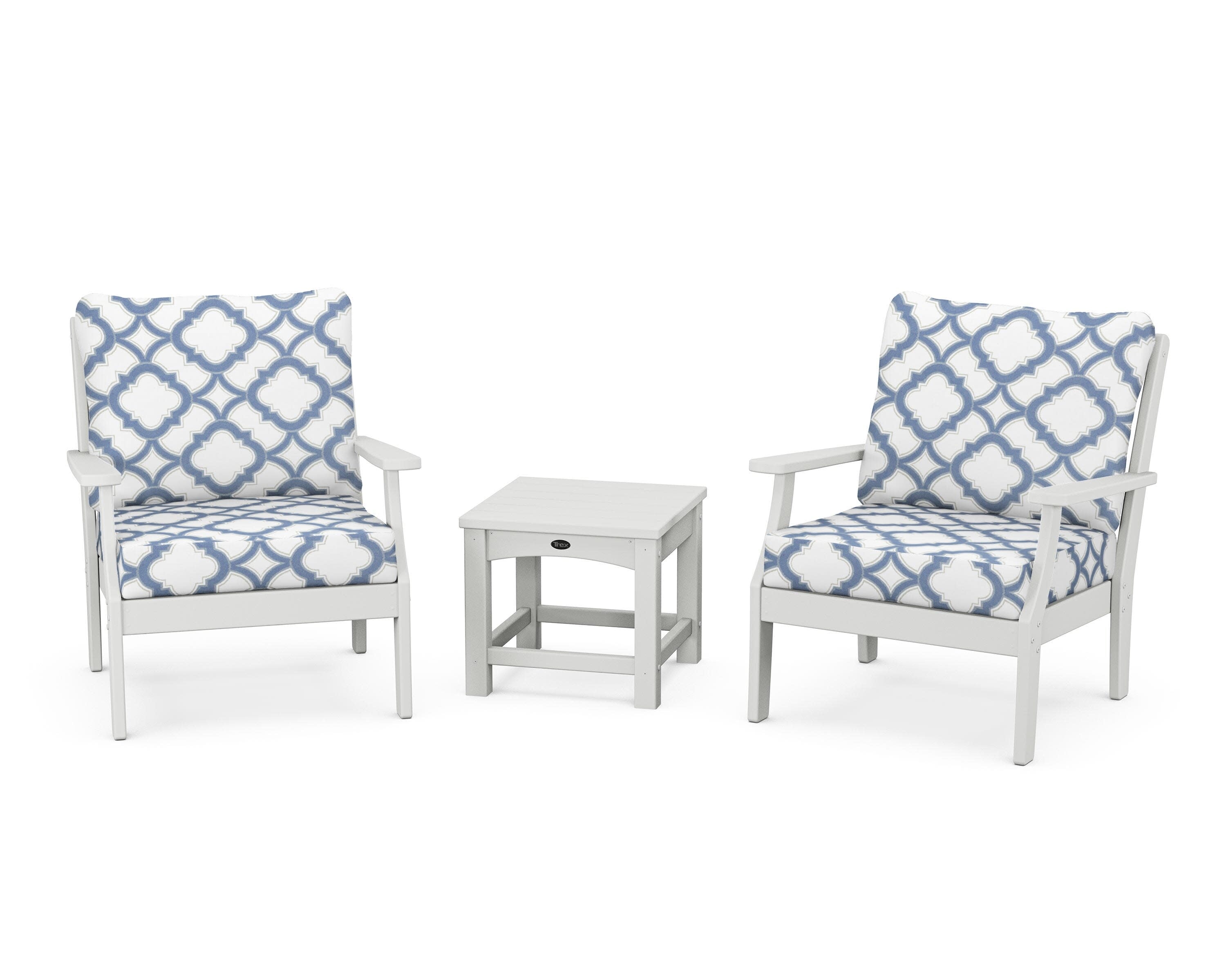 Yacht Club 3-Piece Deep Seating Set in Classic White / Trellis Sky Blue