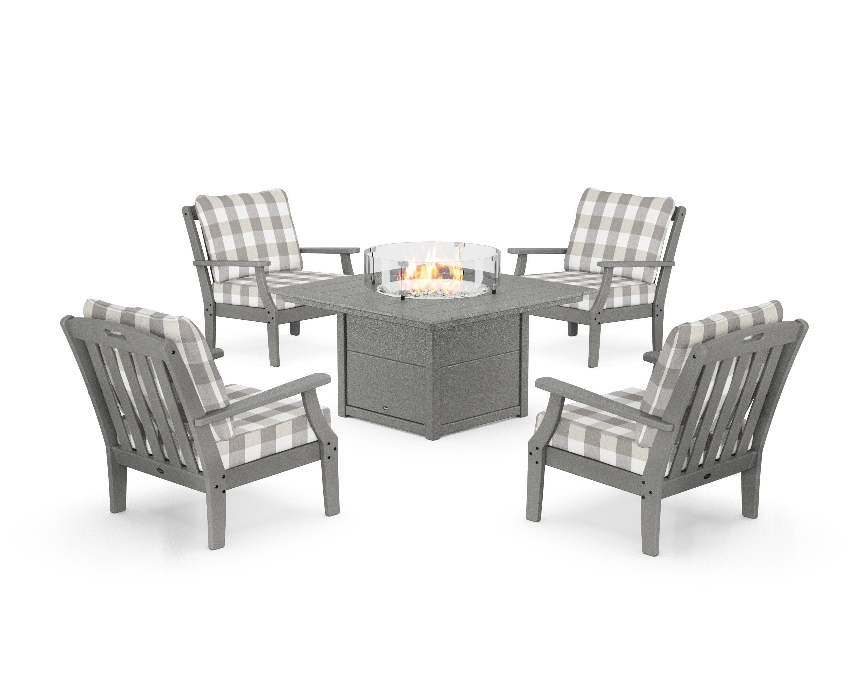 Yacht Club 5-Piece Deep Seating Set with Square Fire Pit Table in Stepping Stone / Buffalo Plaid Grey Mist