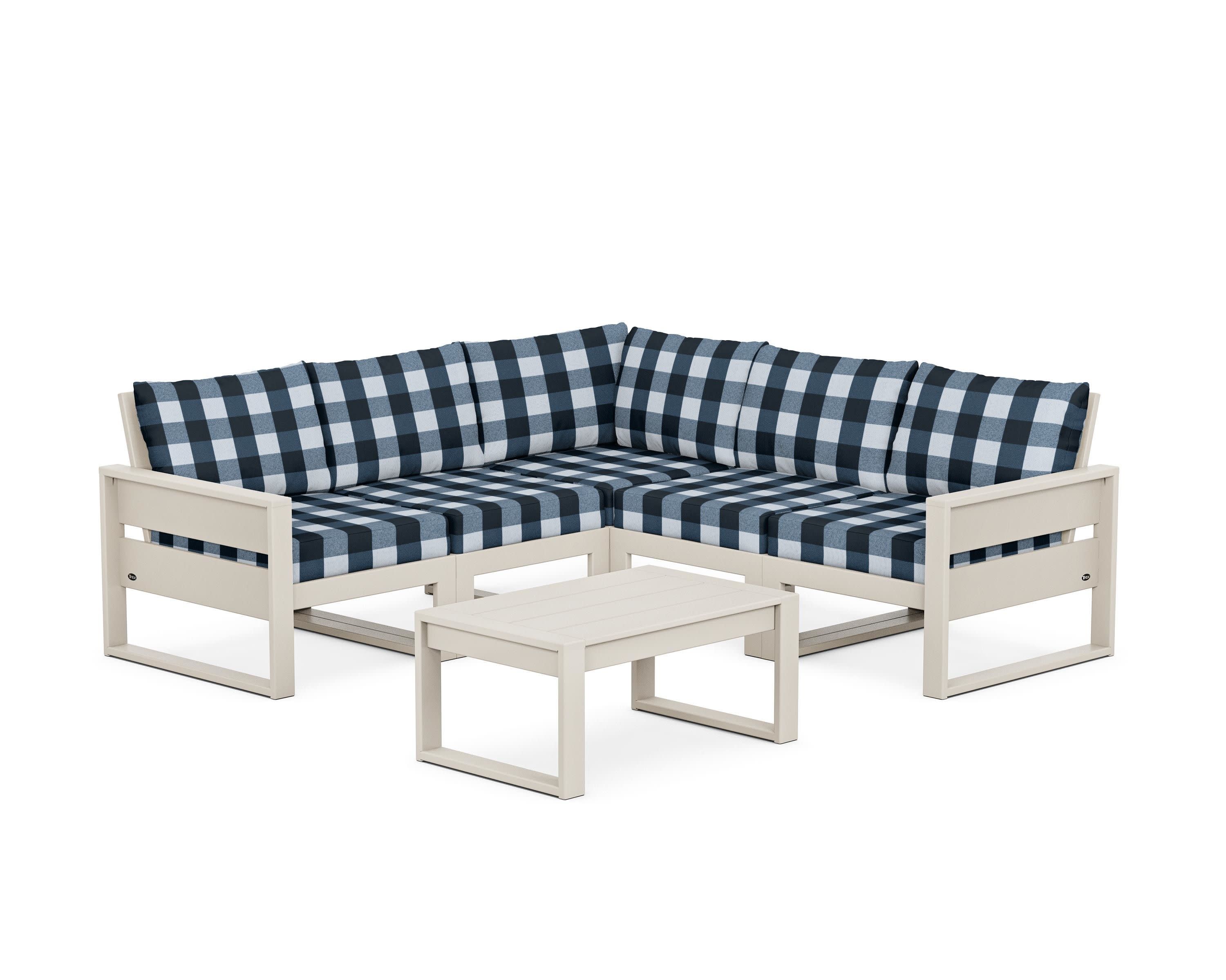 Eastport 6-Piece Deep Seating Sectional + Coffee Table Set in Sand Castle / Buffalo Plaid Marine Indigo