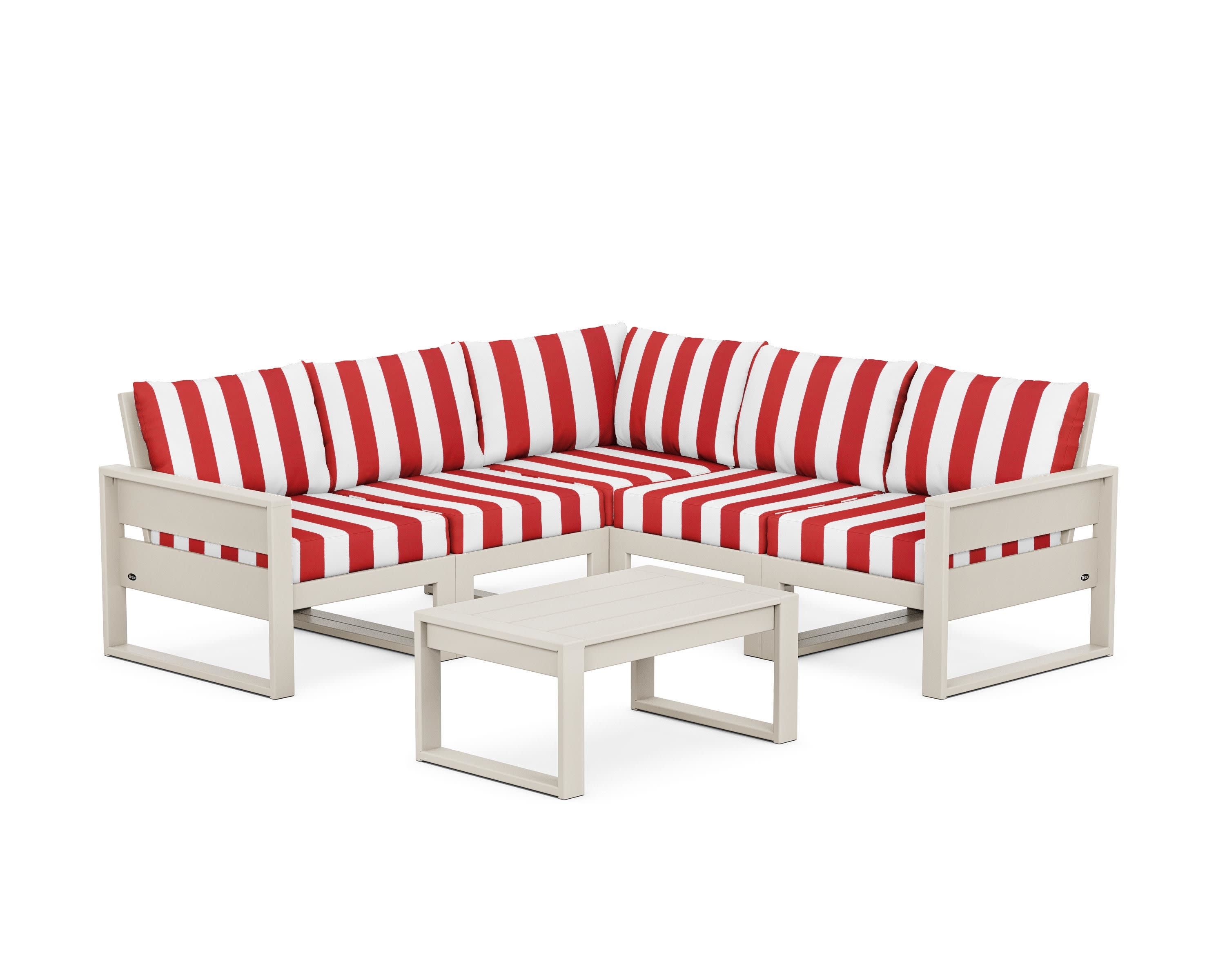 Eastport 6-Piece Deep Seating Sectional + Coffee Table Set in Sand Castle / Cabana Stripe Crimson