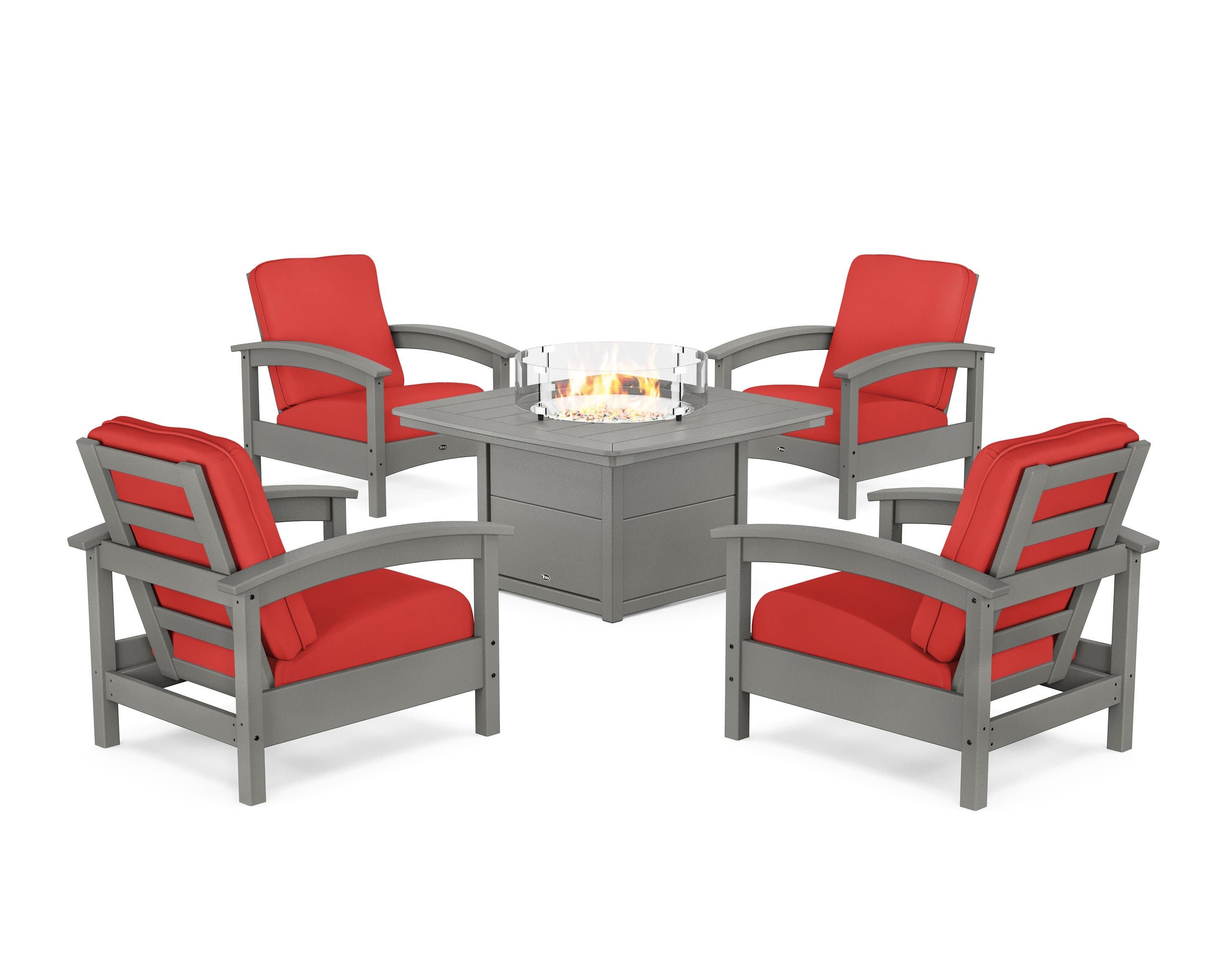 Rockport 5-Piece Deep Seating Set with Yacht Club Fire Pit Table in Stepping Stone / Crimson Linen