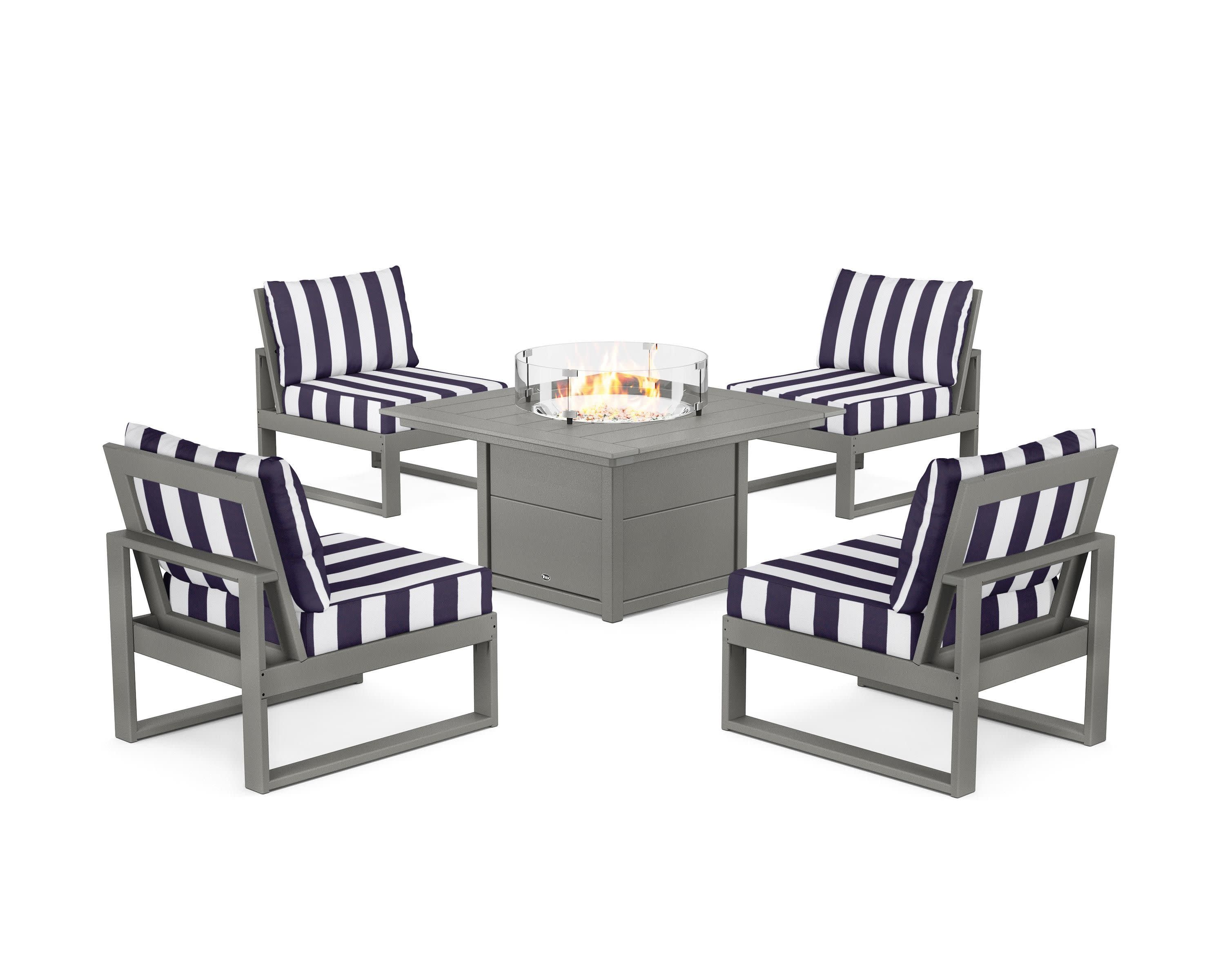 Eastport Modular 5-Piece Deep Seating Set with Square Fire Pit Table in Stepping Stone / Cabana Stripe Navy