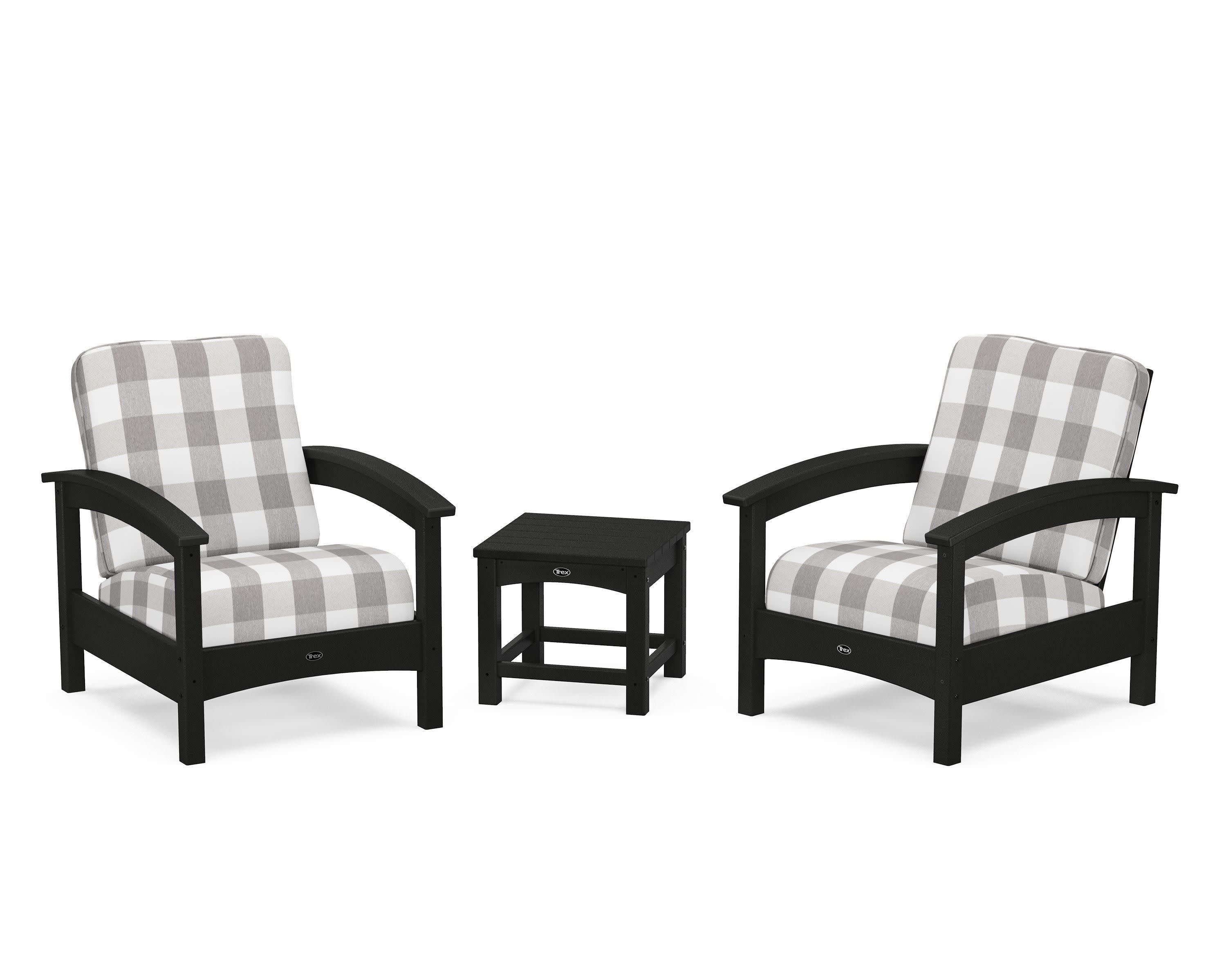 Rockport Club 3-Piece Deep Seating Conversation Set in Charcoal Black / Buffalo Plaid Grey Mist