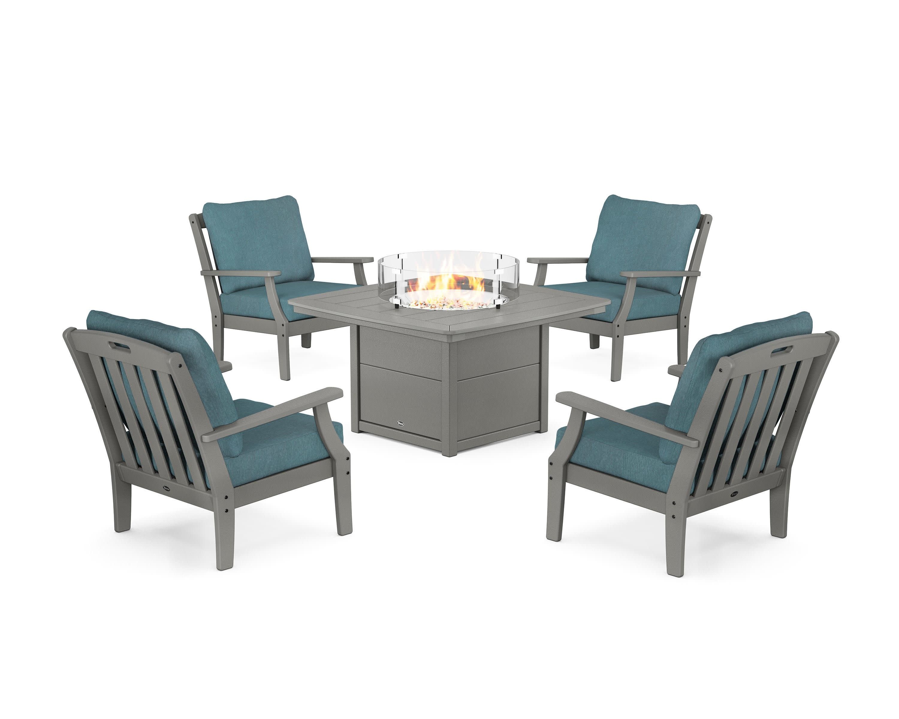 Yacht Club 5-Piece Deep Seating Set with Fire Pit Table in Stepping Stone / Ocean Teal