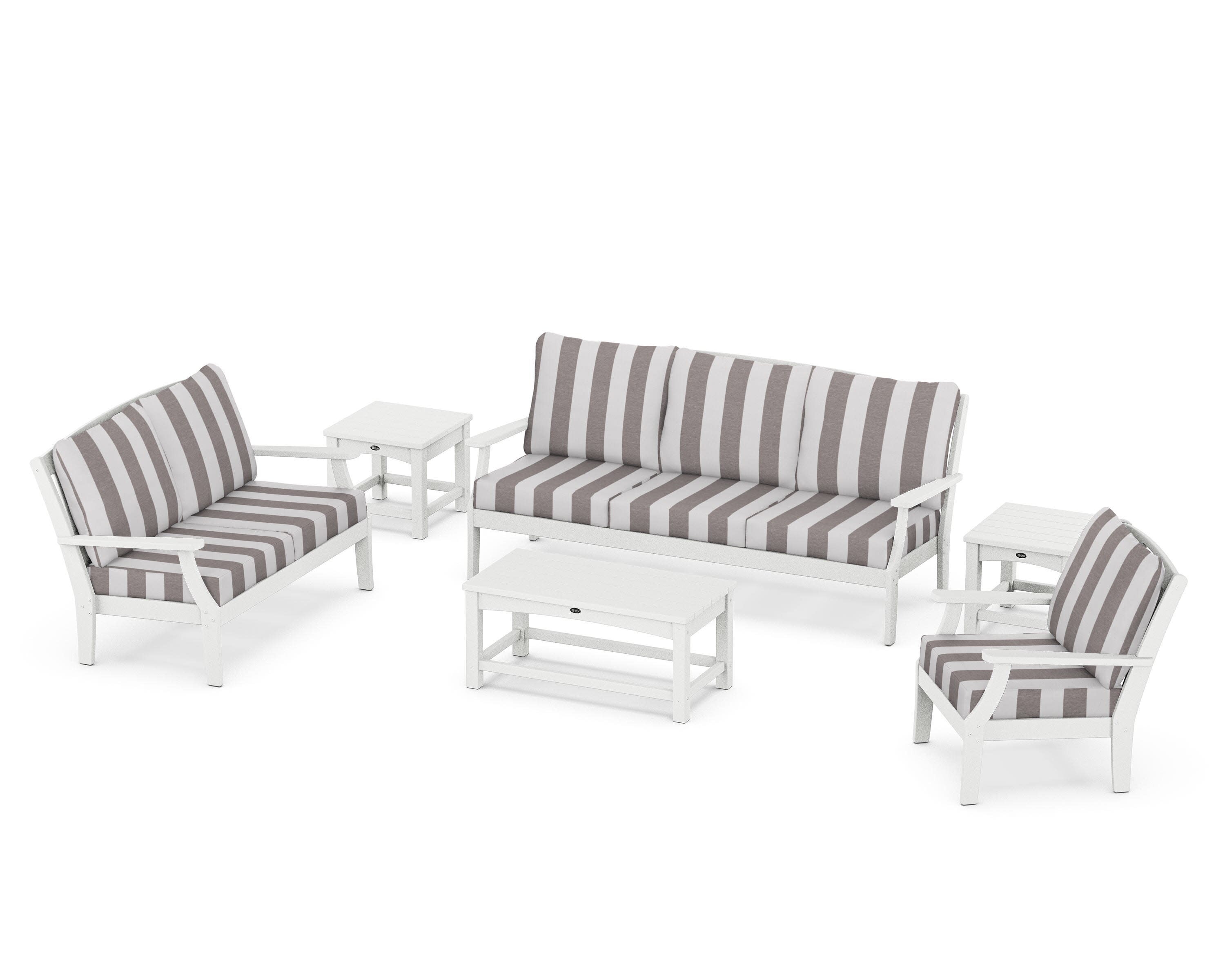 Yacht Club 6-Piece Deep Seating Set in Classic White / Cabana Stripe Grey Mist