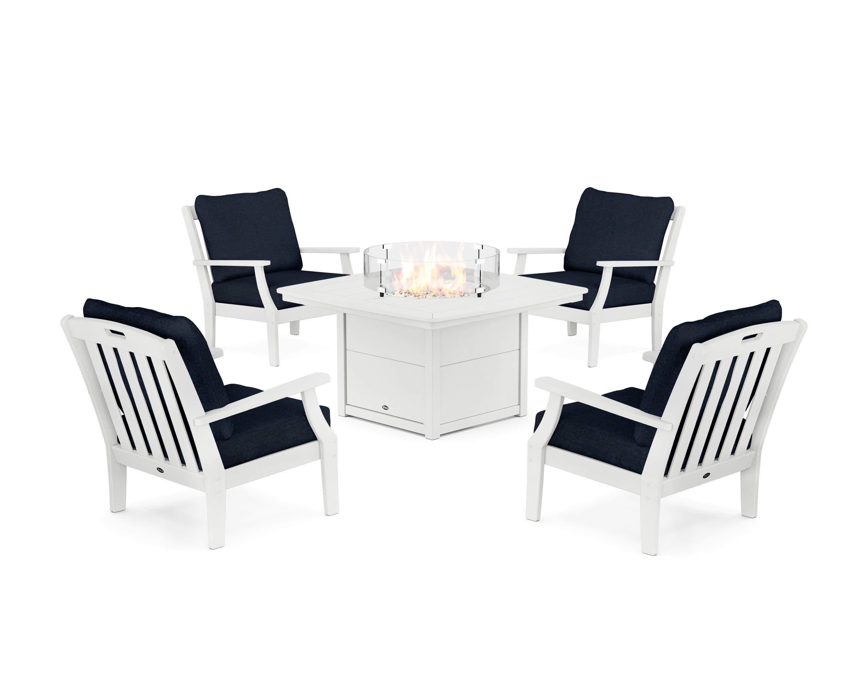 Yacht Club 5-Piece Deep Seating Set with Fire Pit Table in Classic White / Marine Indigo