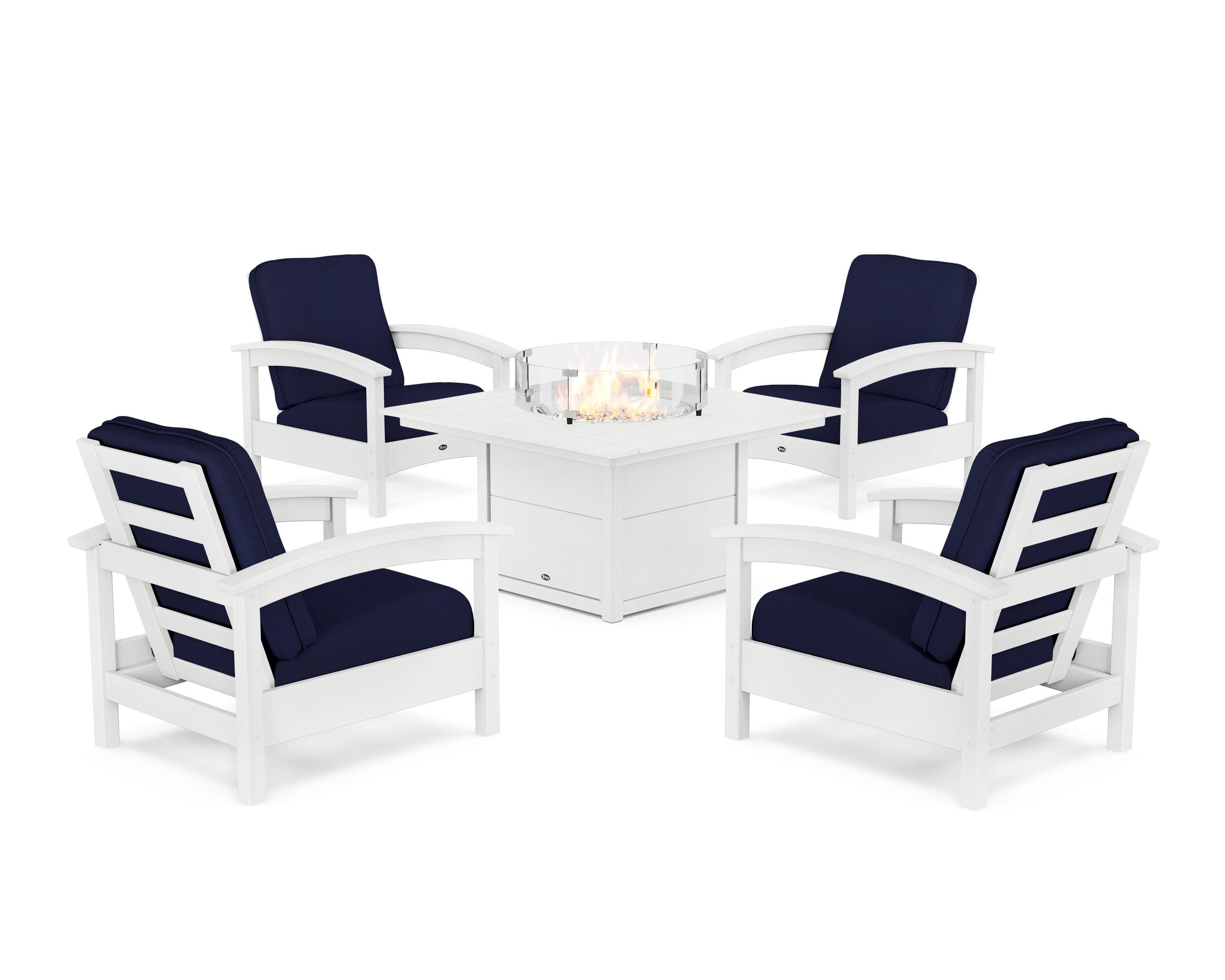 Rockport 5-Piece Deep Seating Set with Square Fire Pit Table in Classic White / Navy