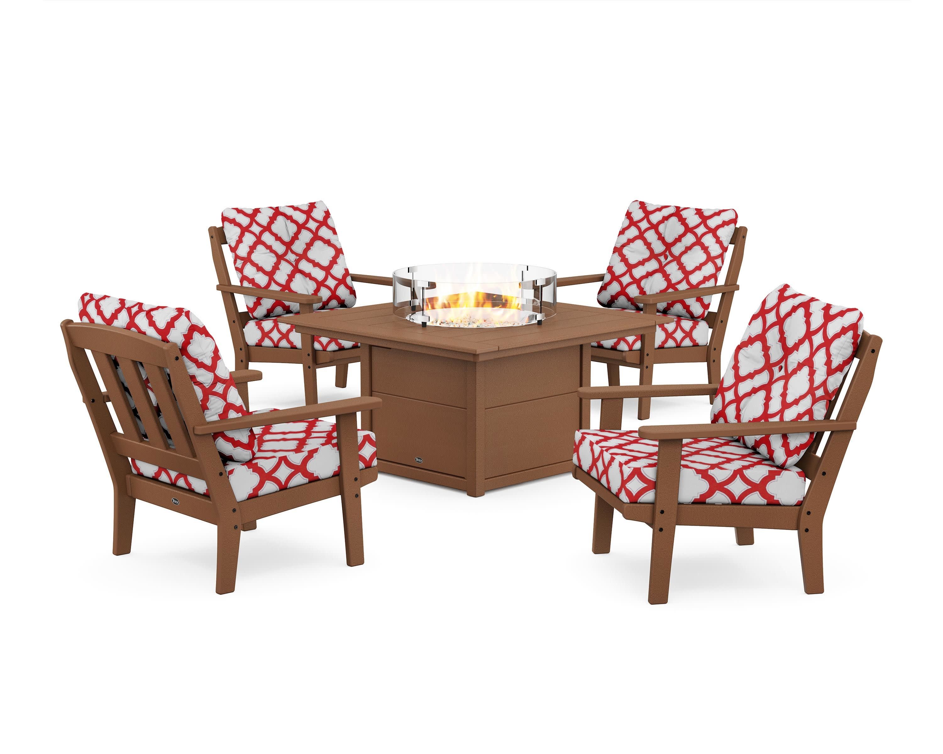 Cape Cod 5-Piece Deep Seating Set with Fire Pit Table in Tree House / Trellis Crimson
