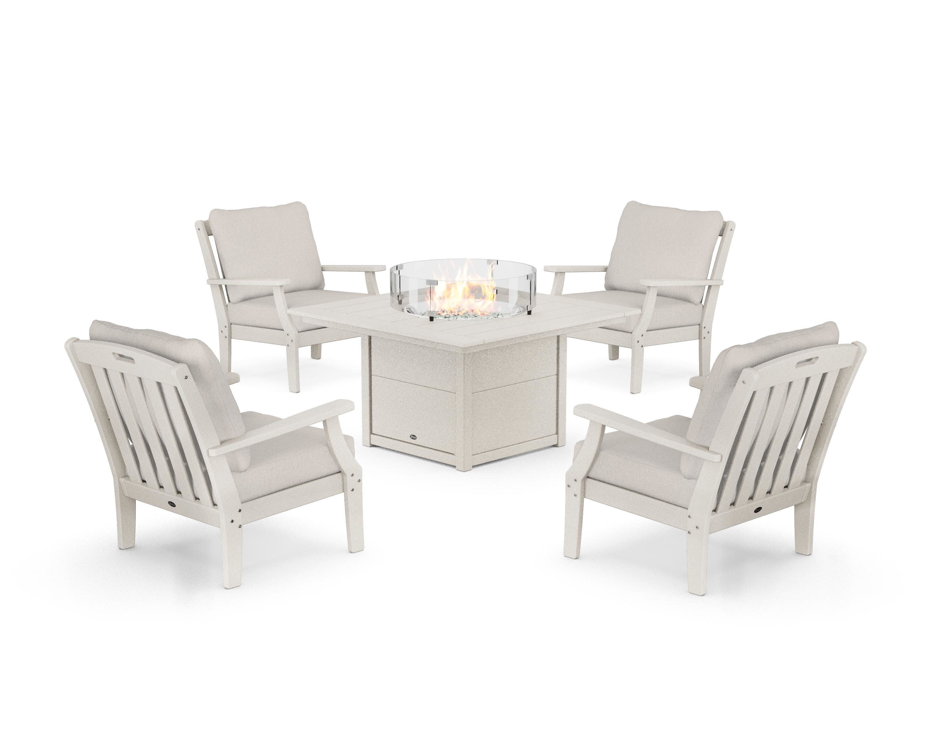 Yacht Club 5-Piece Deep Seating Set with Square Fire Pit Table in Sand Castle / Cast Ash