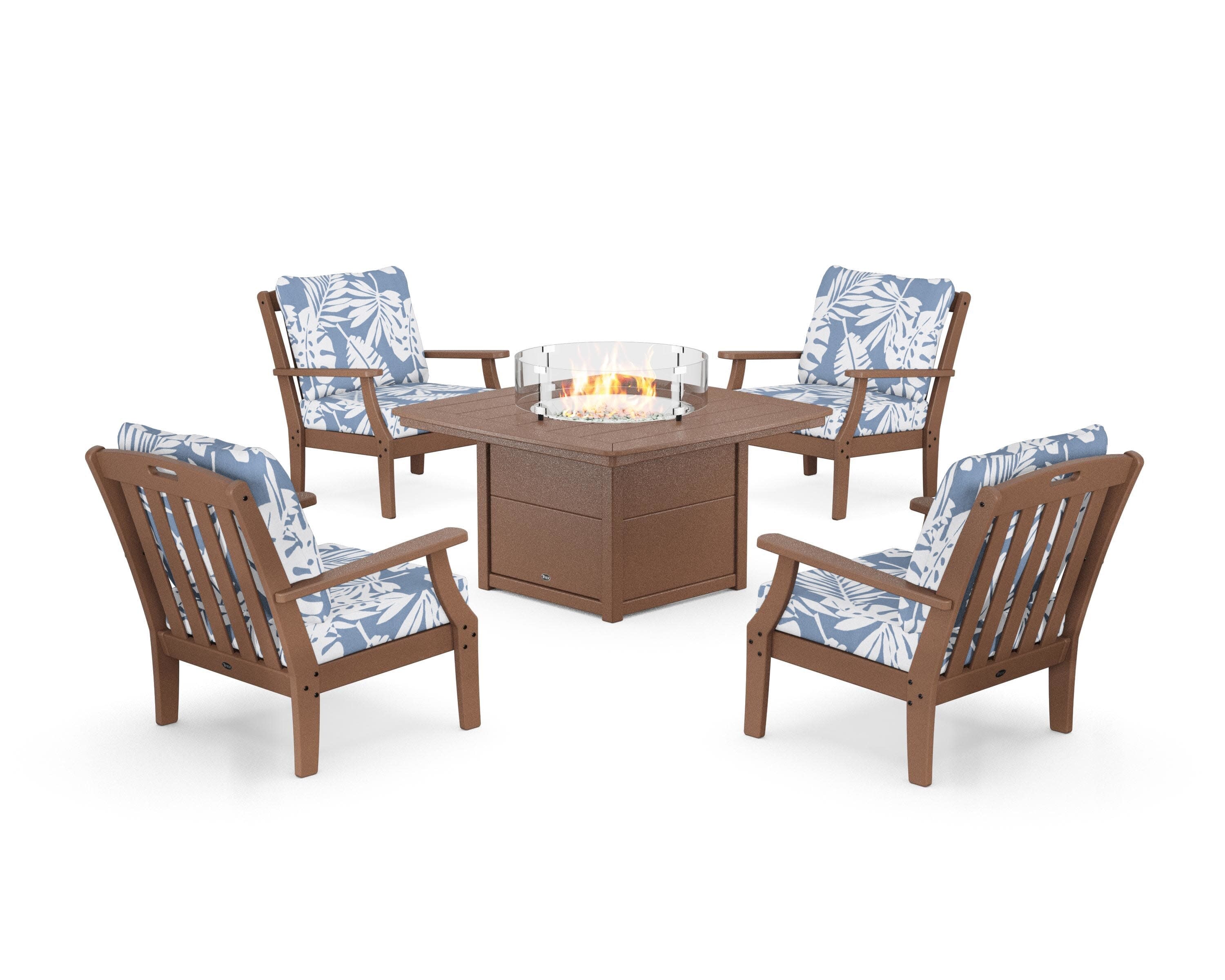 Yacht Club 5-Piece Deep Seating Set with Fire Pit Table in Tree House / Leaf Sky Blue