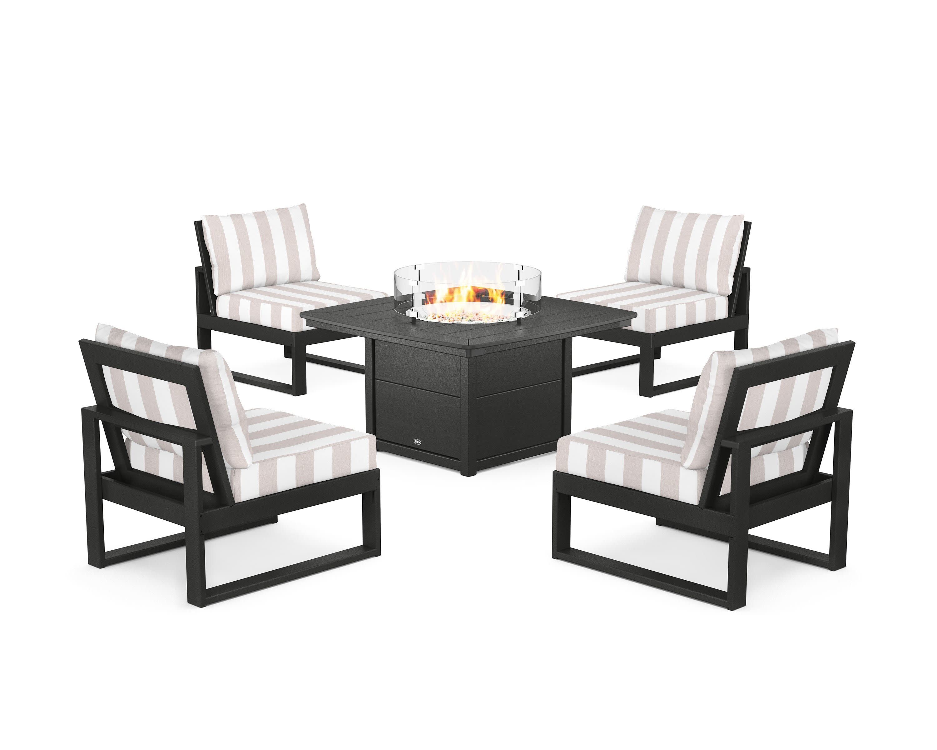 Eastport Modular 5-Piece Deep Seating Set with Yacht Club Fire Pit Table in Charcoal Black / Cabana Stripe Dune Burlap