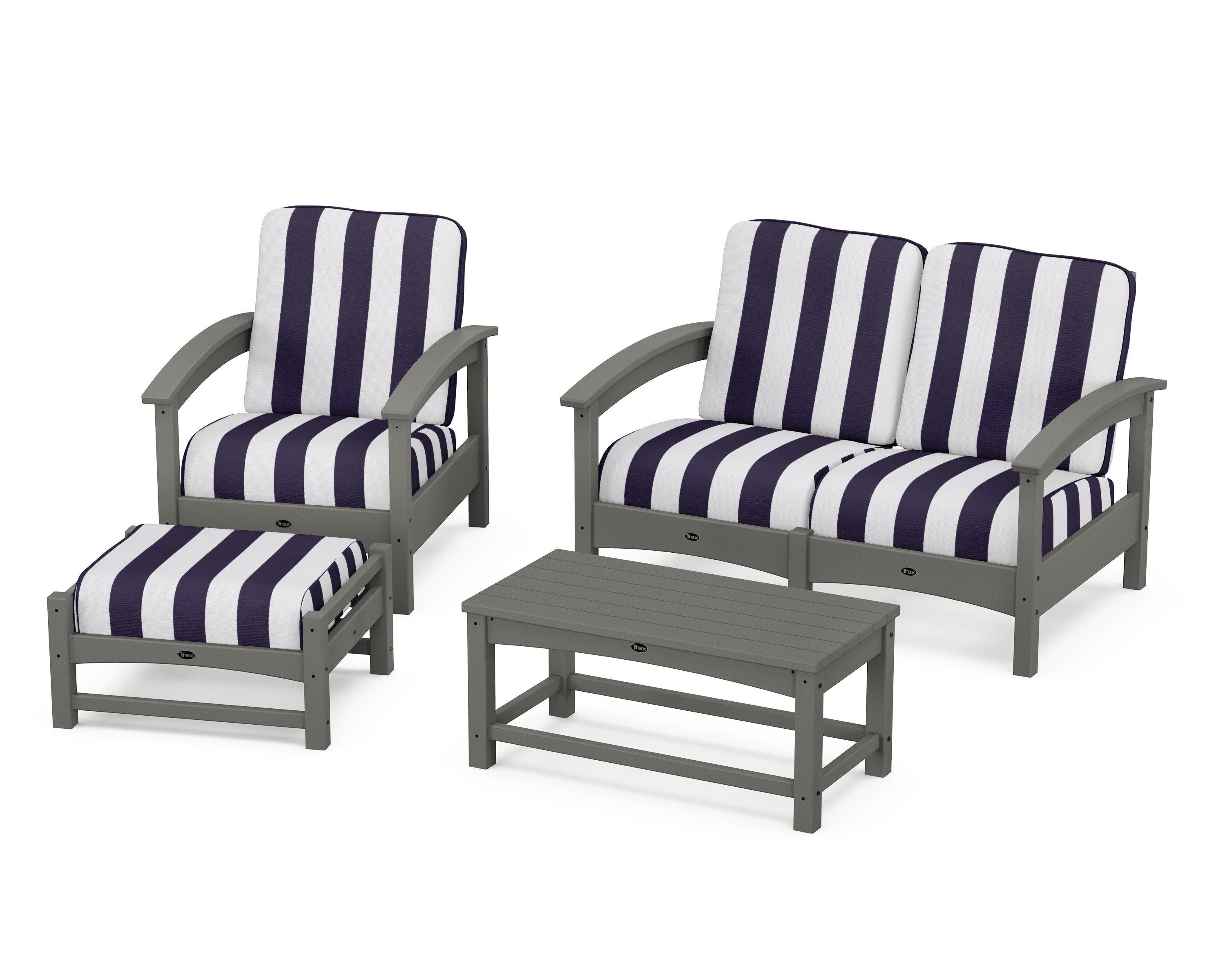 Rockport 4-Piece Deep Seating Conversation Group in Stepping Stone / Cabana Stripe Navy