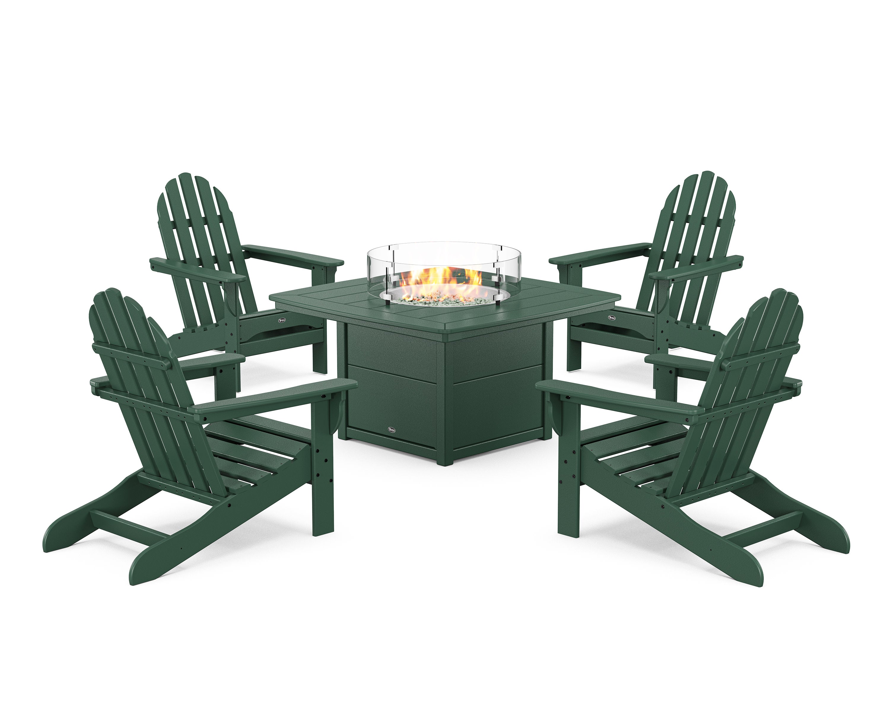 Cape Cod Adirondack 5-Piece Set with Yacht Club Fire Pit Table in Rainforest Canopy