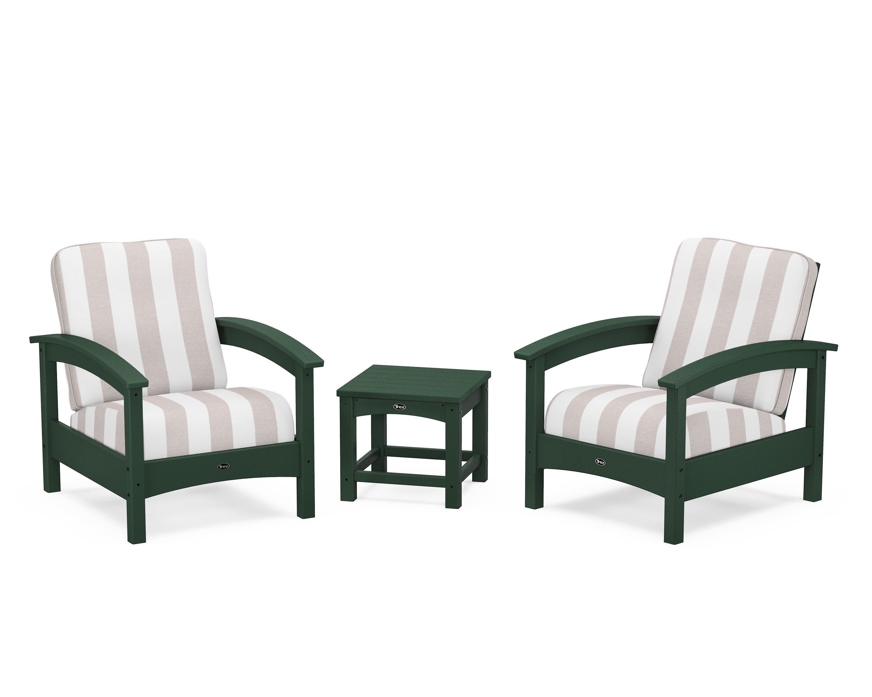 Rockport Club 3-Piece Deep Seating Conversation Set in Rainforest Canopy / Cabana Stripe Dune Burlap