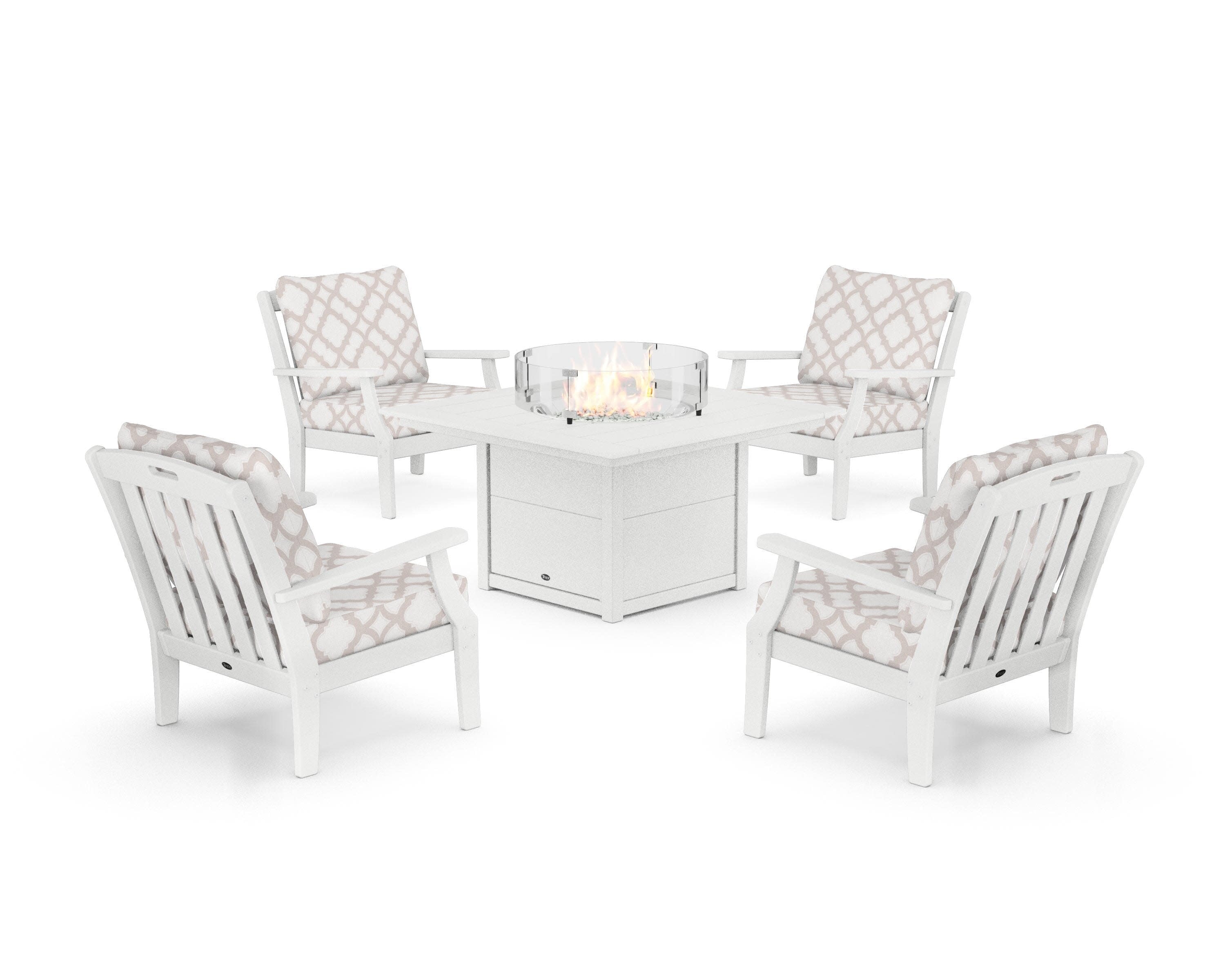 Yacht Club 5-Piece Deep Seating Set with Square Fire Pit Table in Classic White / Trellis Dune Burlap