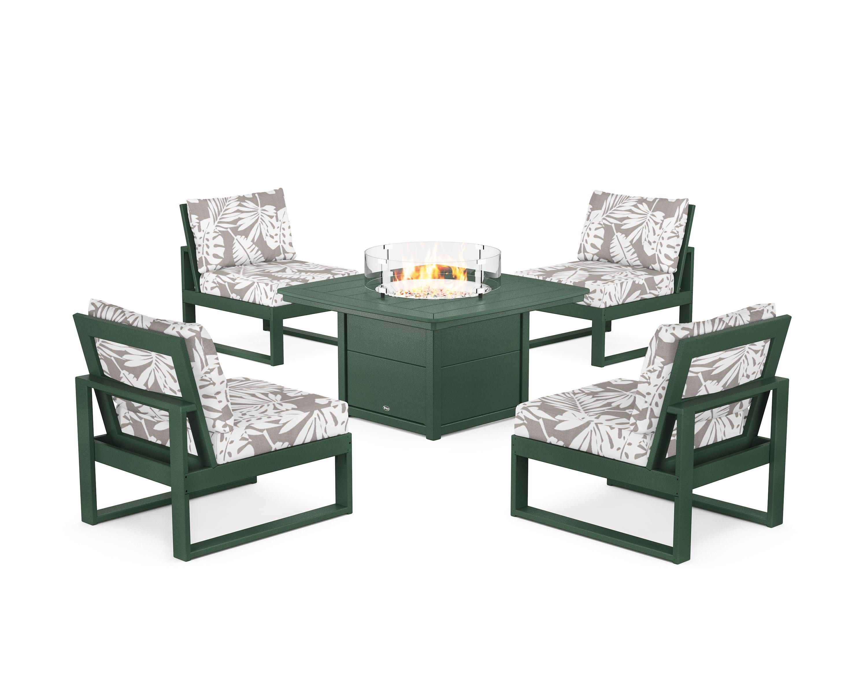 Eastport Modular 5-Piece Deep Seating Set with Yacht Club Fire Pit Table in Rainforest Canopy / Leaf Grey Mist