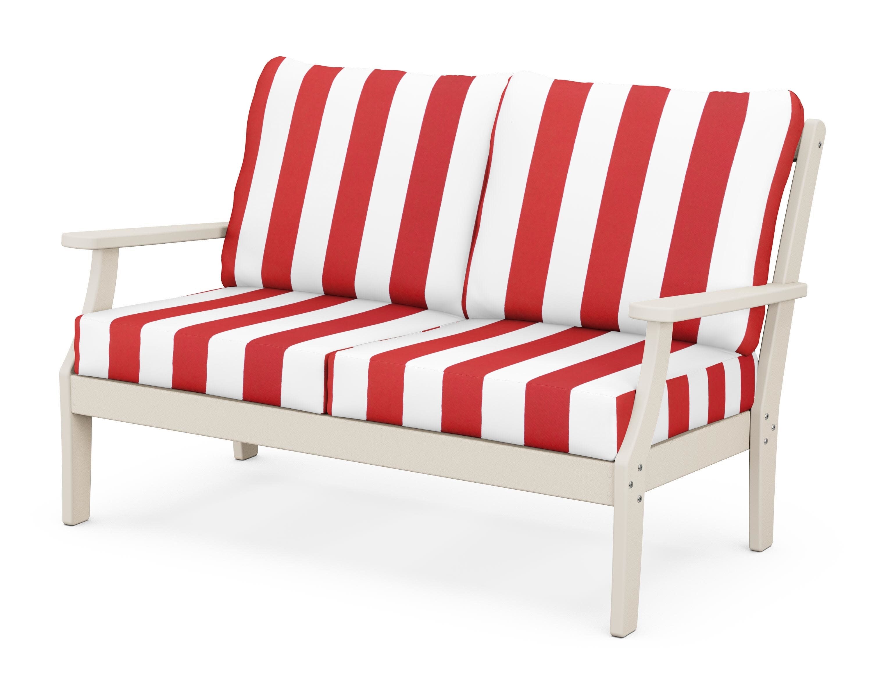 Yacht Club Deep Seating Loveseat in Sand Castle / Cabana Stripe Crimson