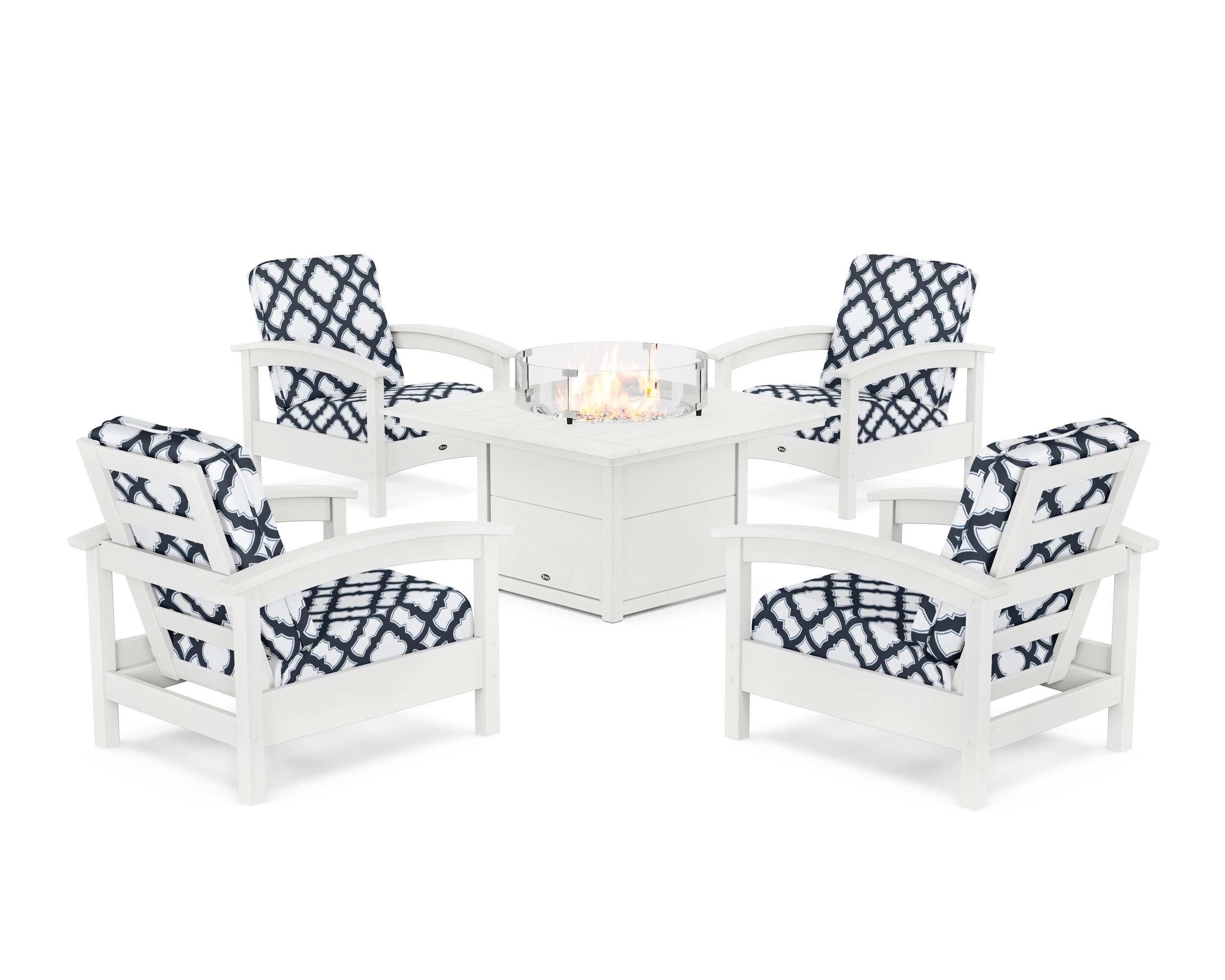 Rockport 5-Piece Deep Seating Set with Square Fire Pit Table in Classic White / Trellis Marine Indigo