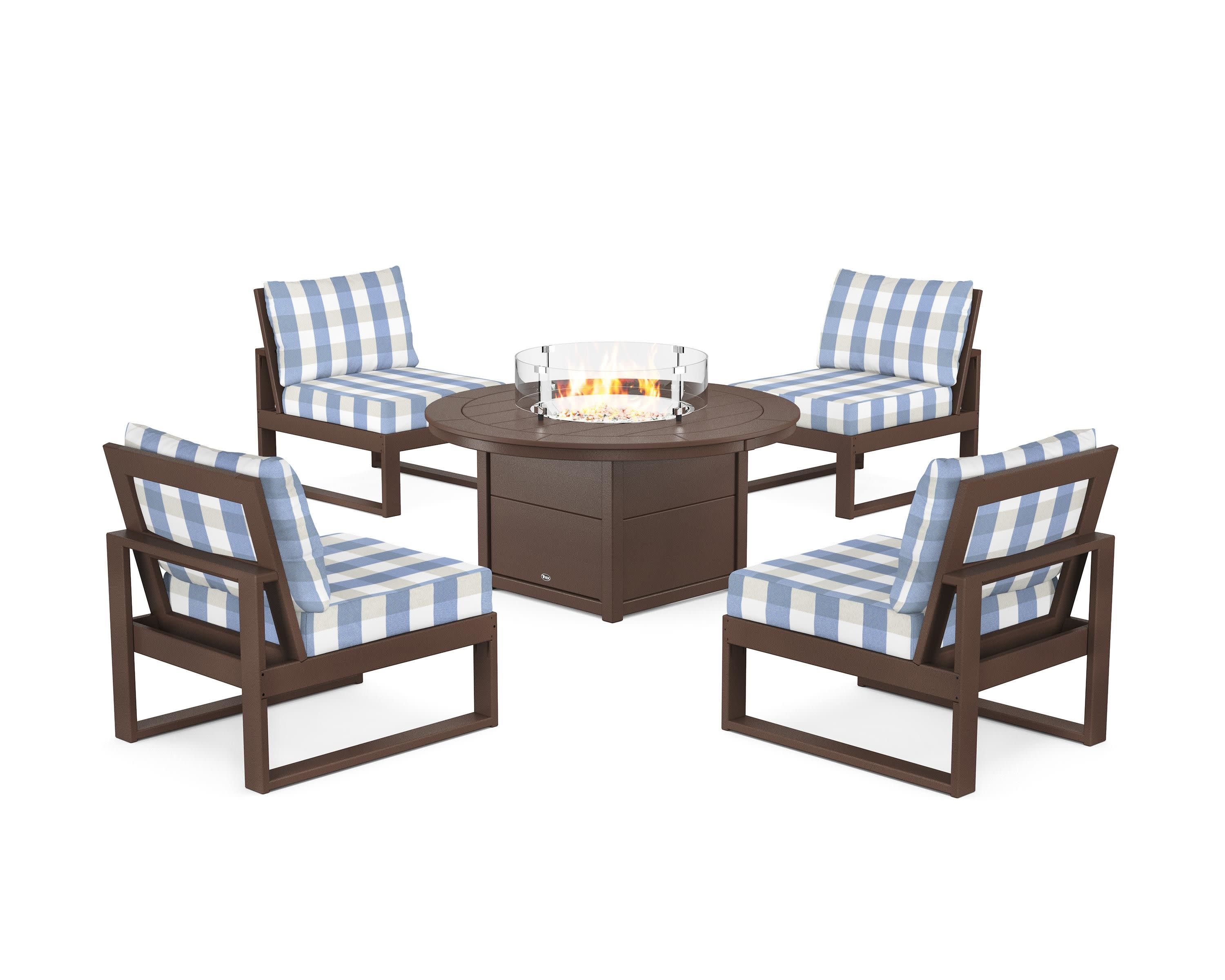 Eastport Modular 5-Piece Deep Seating Set with Round Fire Pit Table in Vintage Lantern / Buffalo Plaid Sky Blue