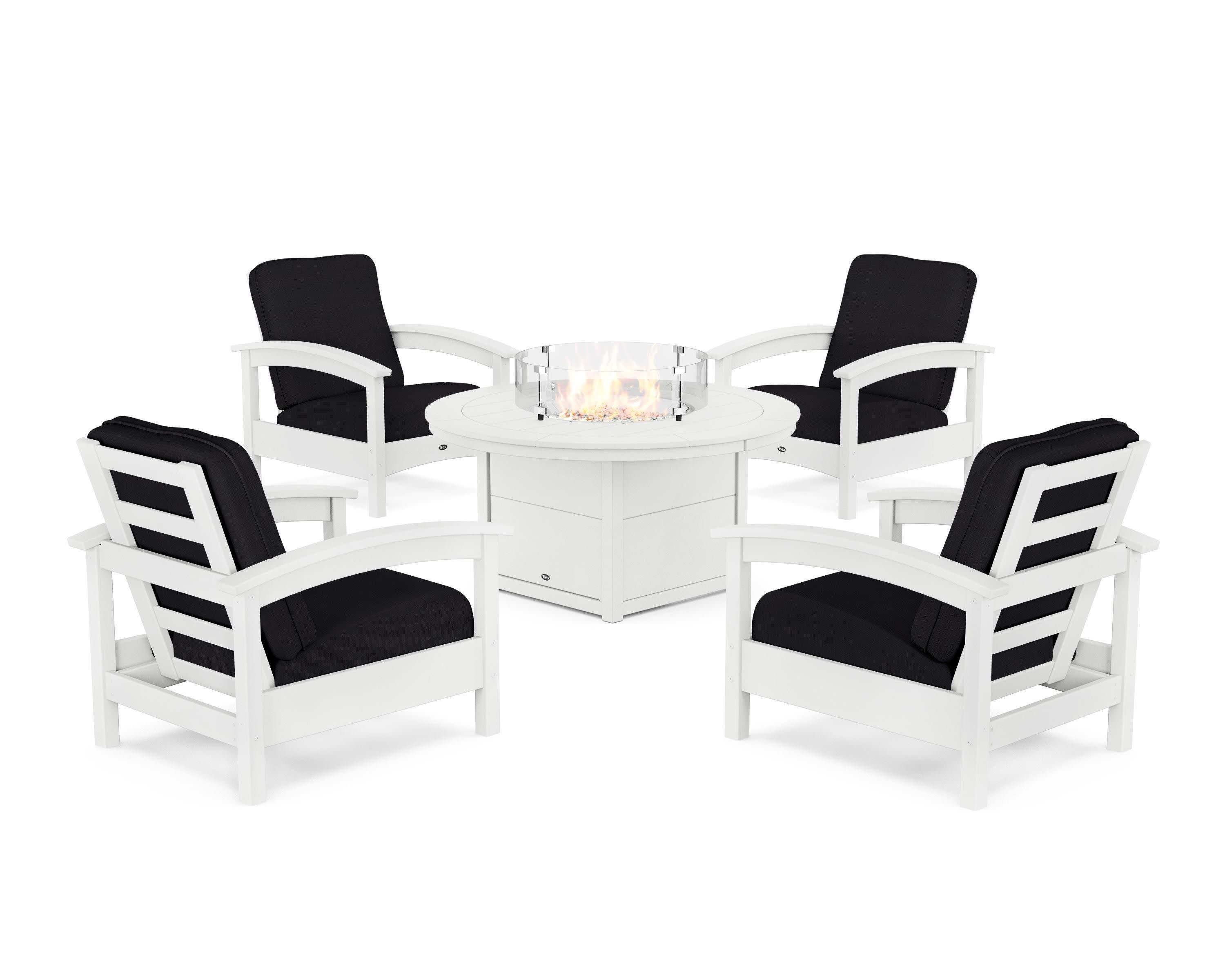 Rockport 5-Piece Deep Seating Set with Round Fire Pit Table in Classic White / Midnight Linen