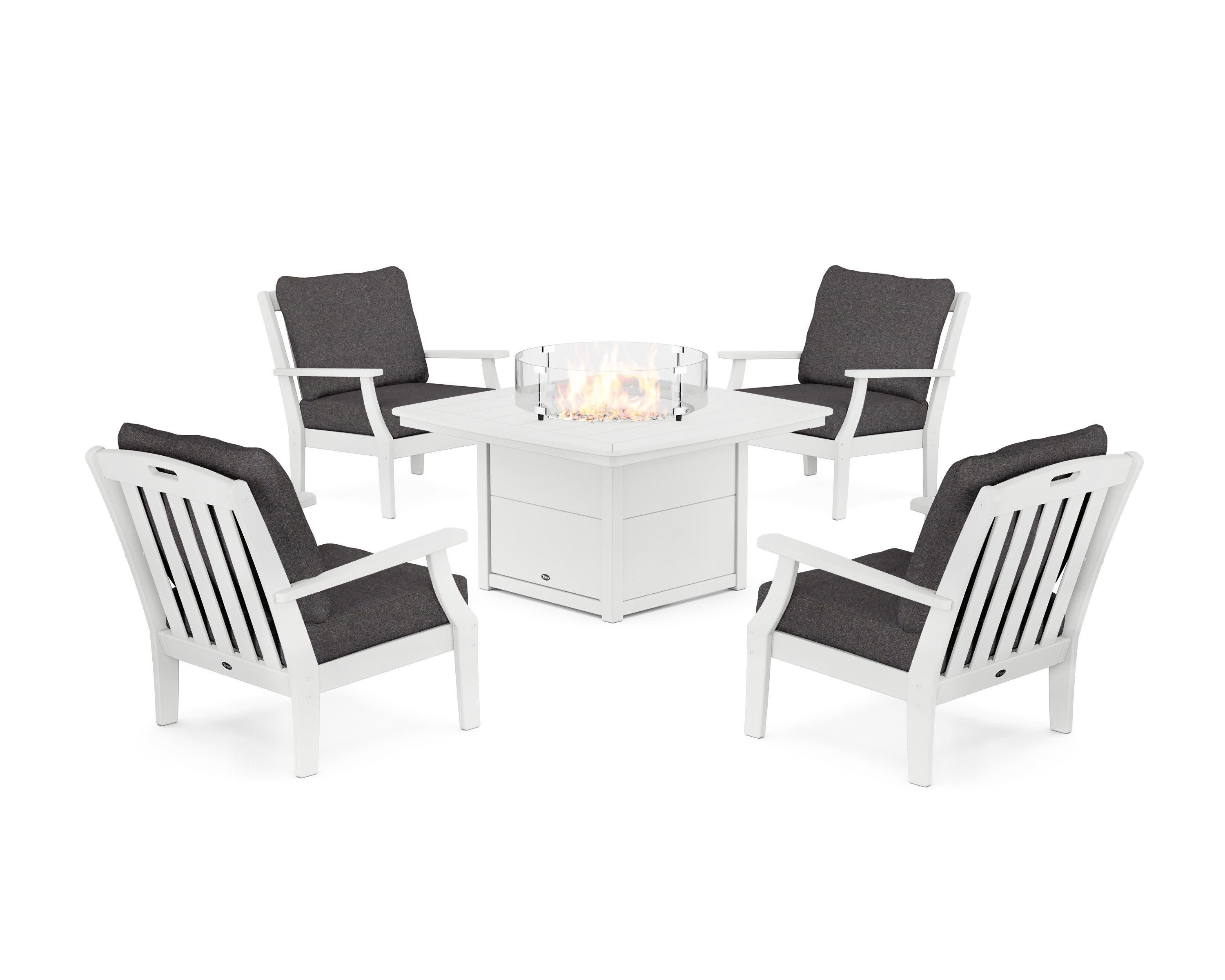 Yacht Club 5-Piece Deep Seating Set with Fire Pit Table in Classic White / Ash Charcoal