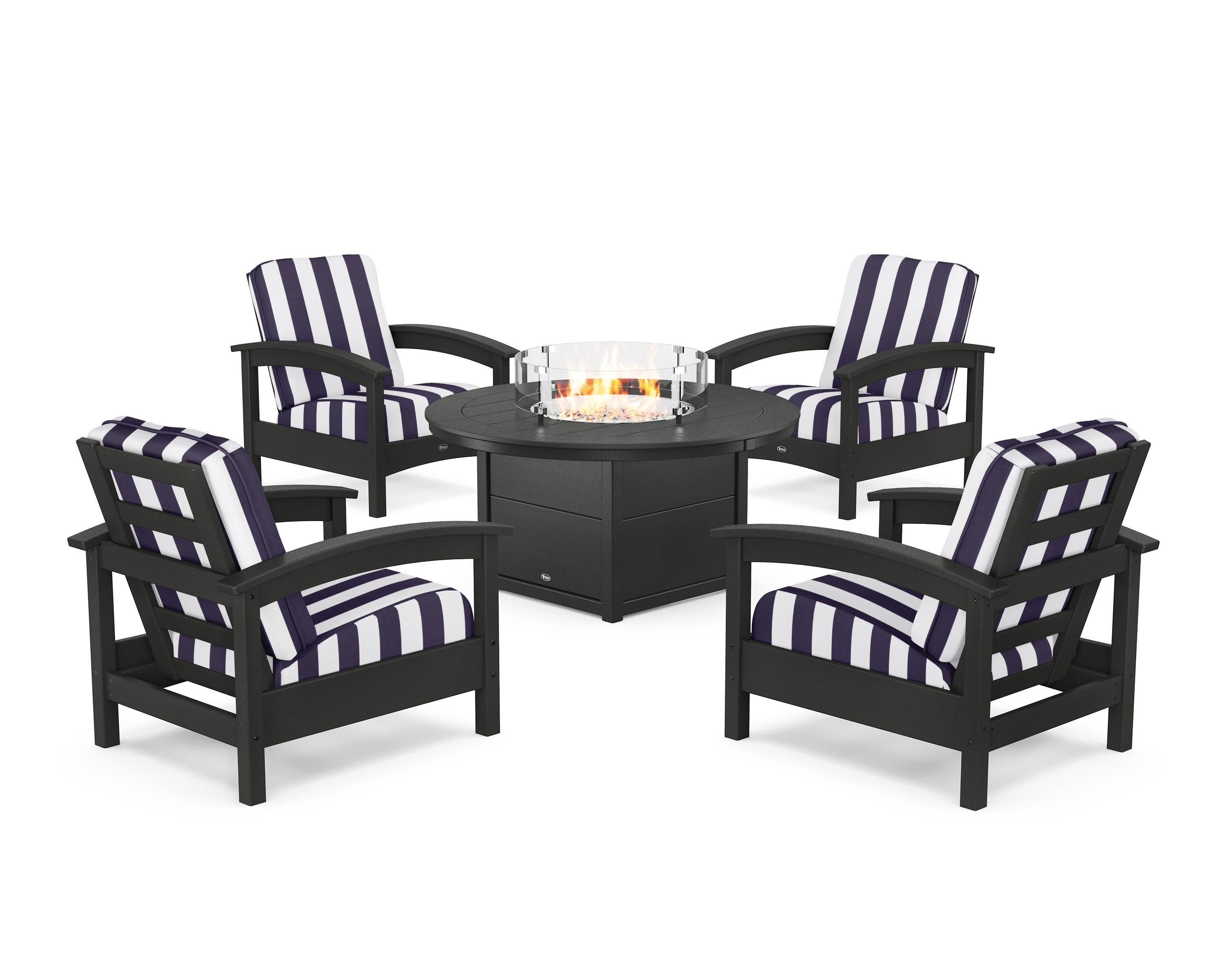 Rockport 5-Piece Deep Seating Set with Round Fire Pit Table in Charcoal Black / Cabana Stripe Navy