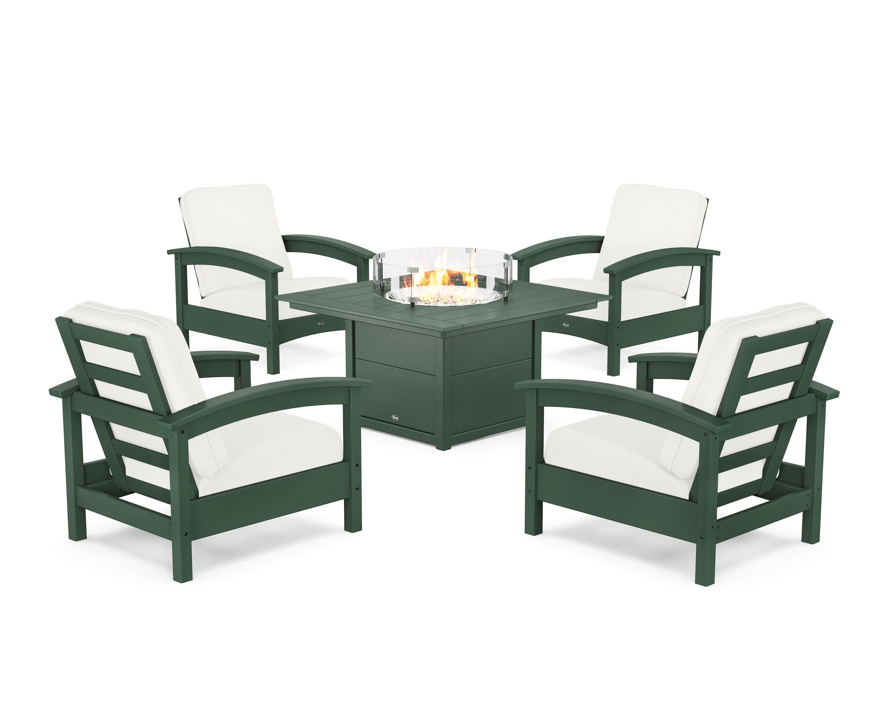 Rockport 5-Piece Deep Seating Set with Square Fire Pit Table in Rainforest Canopy / Natural Linen