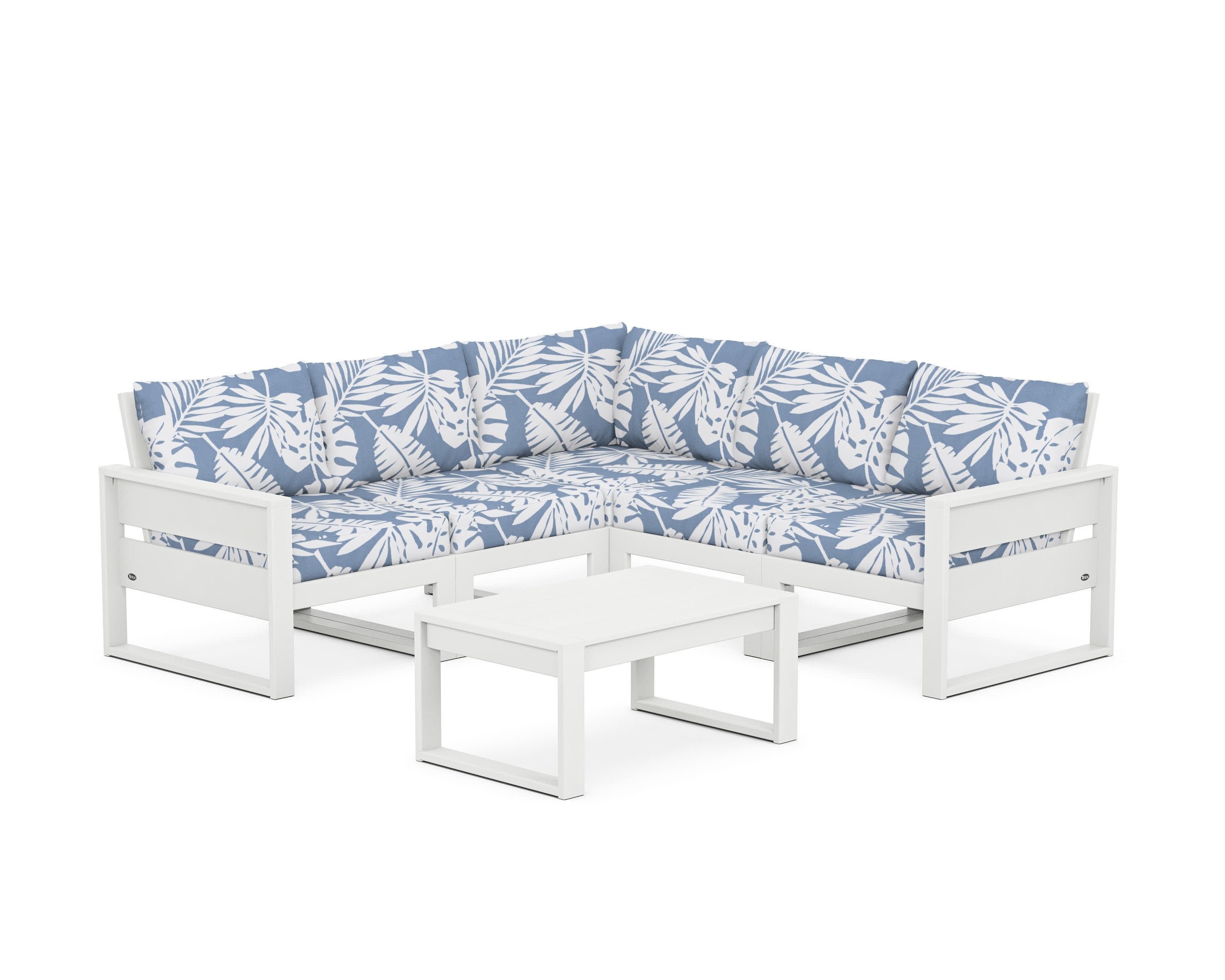 Eastport 6-Piece Deep Seating Sectional + Coffee Table Set in Classic White / Leaf Sky Blue