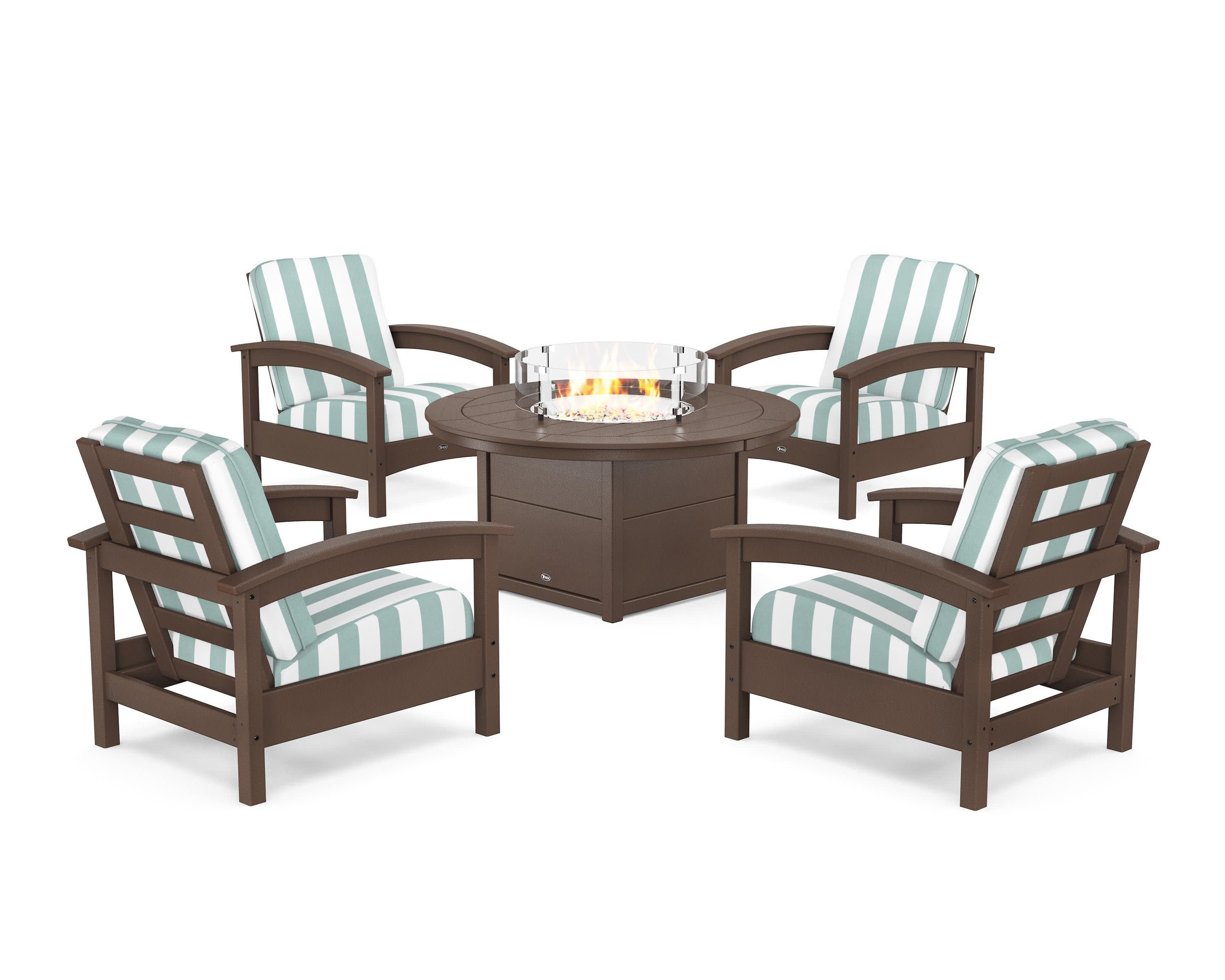 Rockport 5-Piece Deep Seating Set with Round Fire Pit Table in Vintage Lantern / Cabana Stripe Glacier Spa