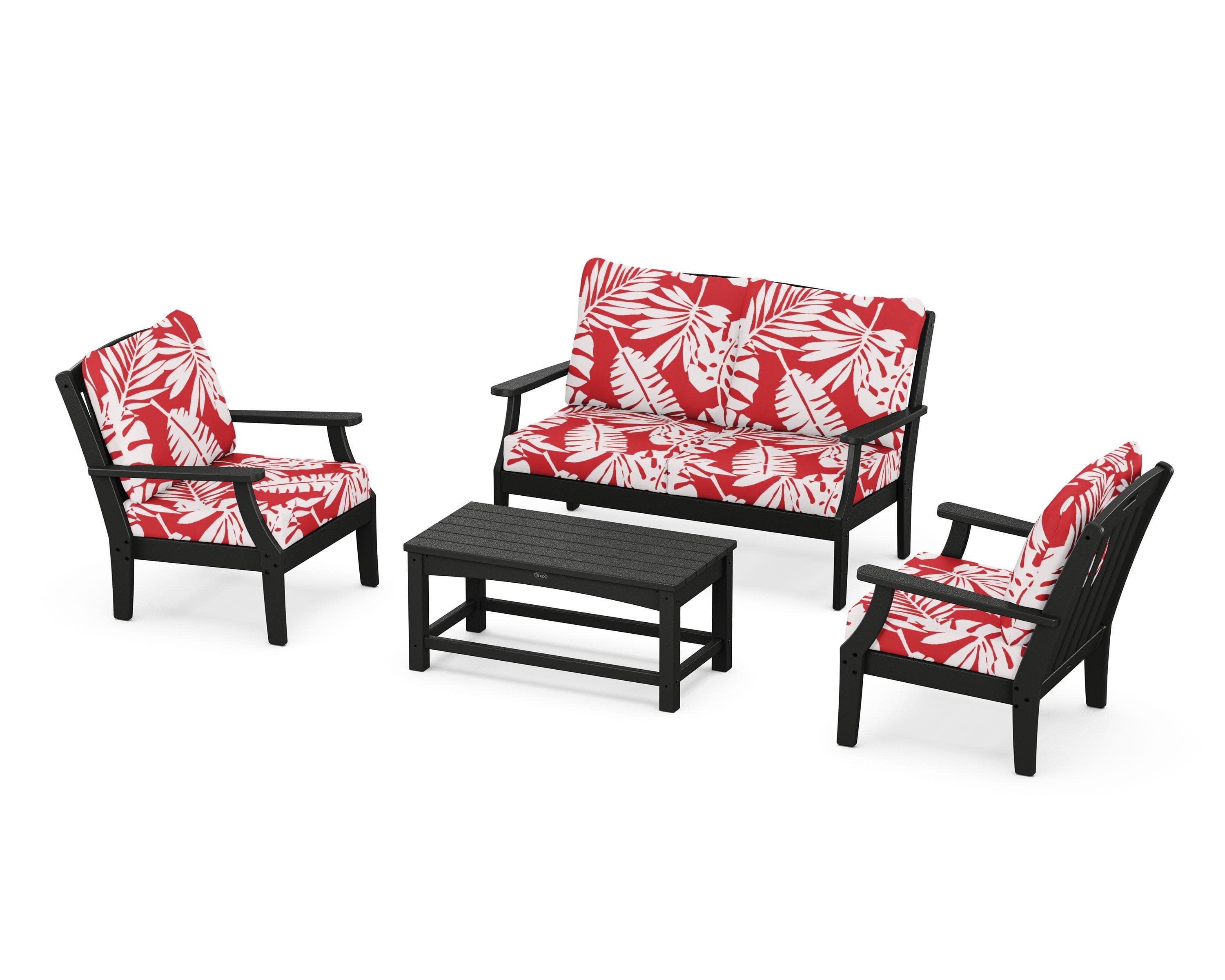 Yacht Club 4-Piece Deep Seating Chair Set in Charcoal Black / Leaf Crimson