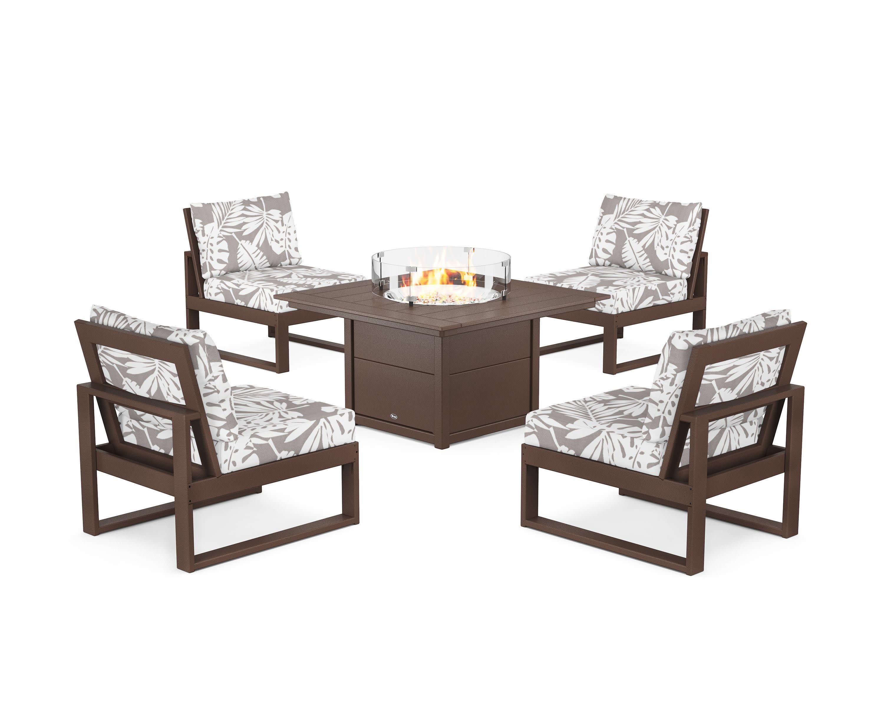 Eastport Modular 5-Piece Deep Seating Set with Square Fire Pit Table in Vintage Lantern / Leaf Grey Mist