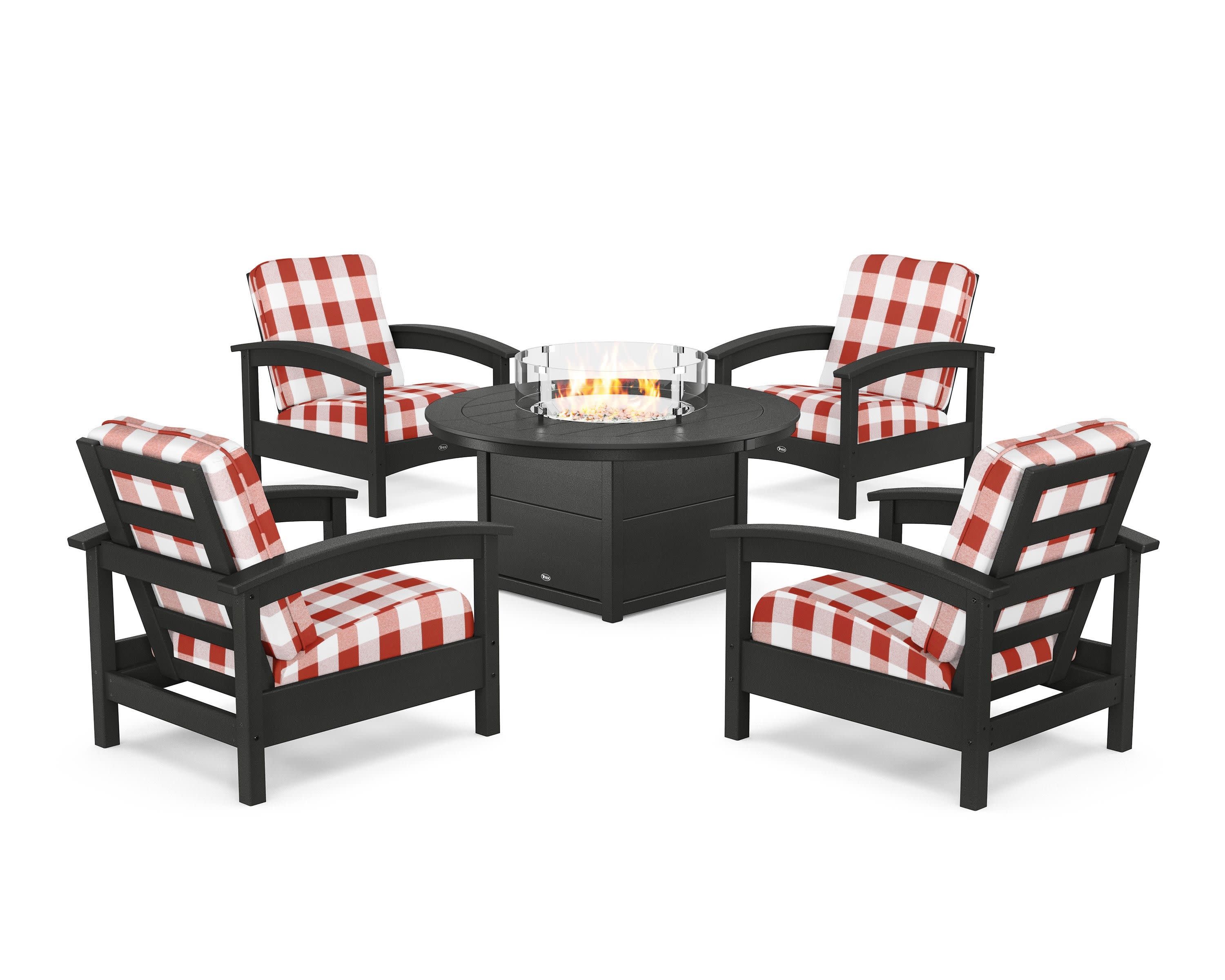 Rockport 5-Piece Deep Seating Set with Round Fire Pit Table in Charcoal Black / Buffalo Plaid Crimson