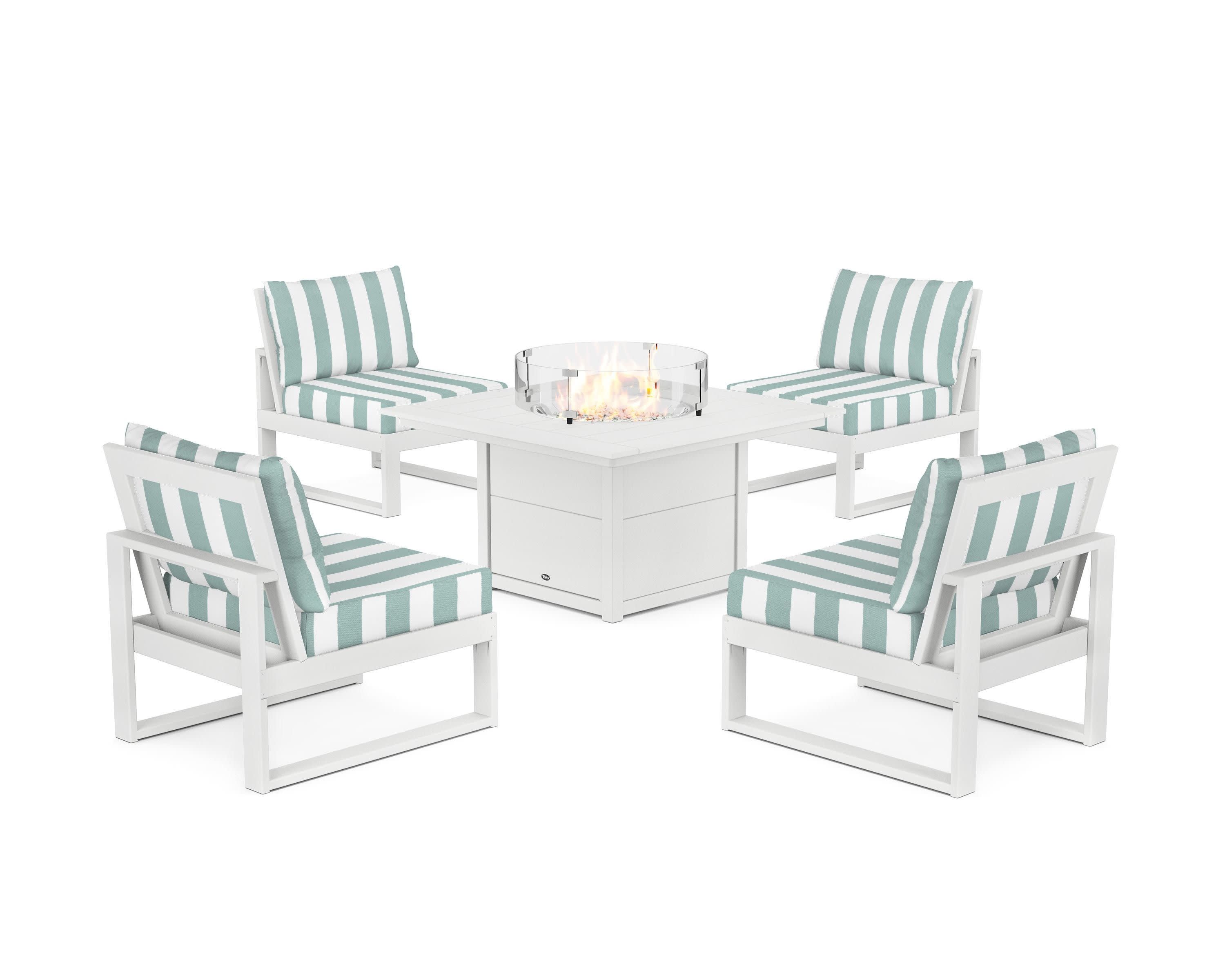 Eastport Modular 5-Piece Deep Seating Set with Square Fire Pit Table in Classic White / Cabana Stripe Glacier Spa