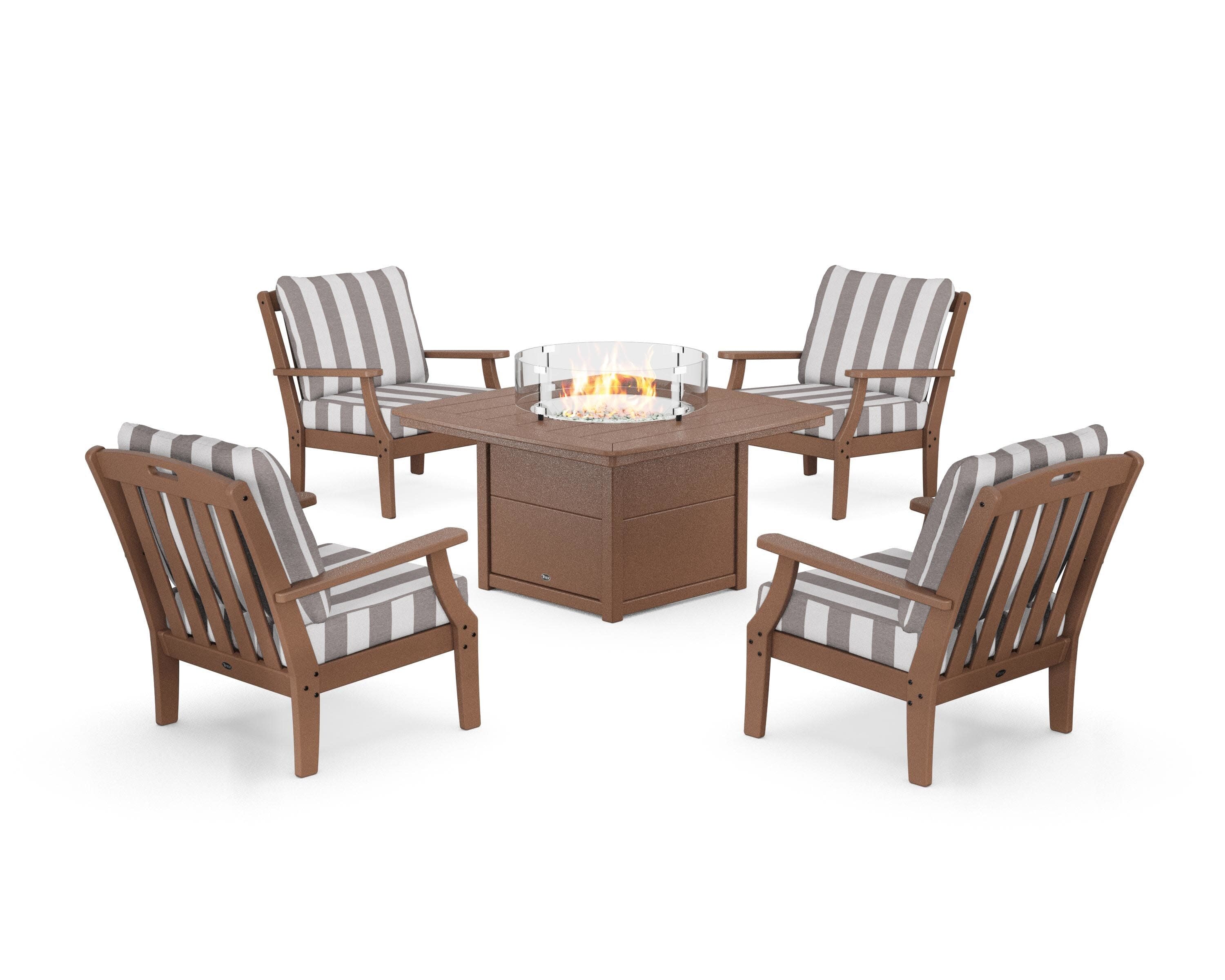 Yacht Club 5-Piece Deep Seating Set with Fire Pit Table in Tree House / Cabana Stripe Grey Mist