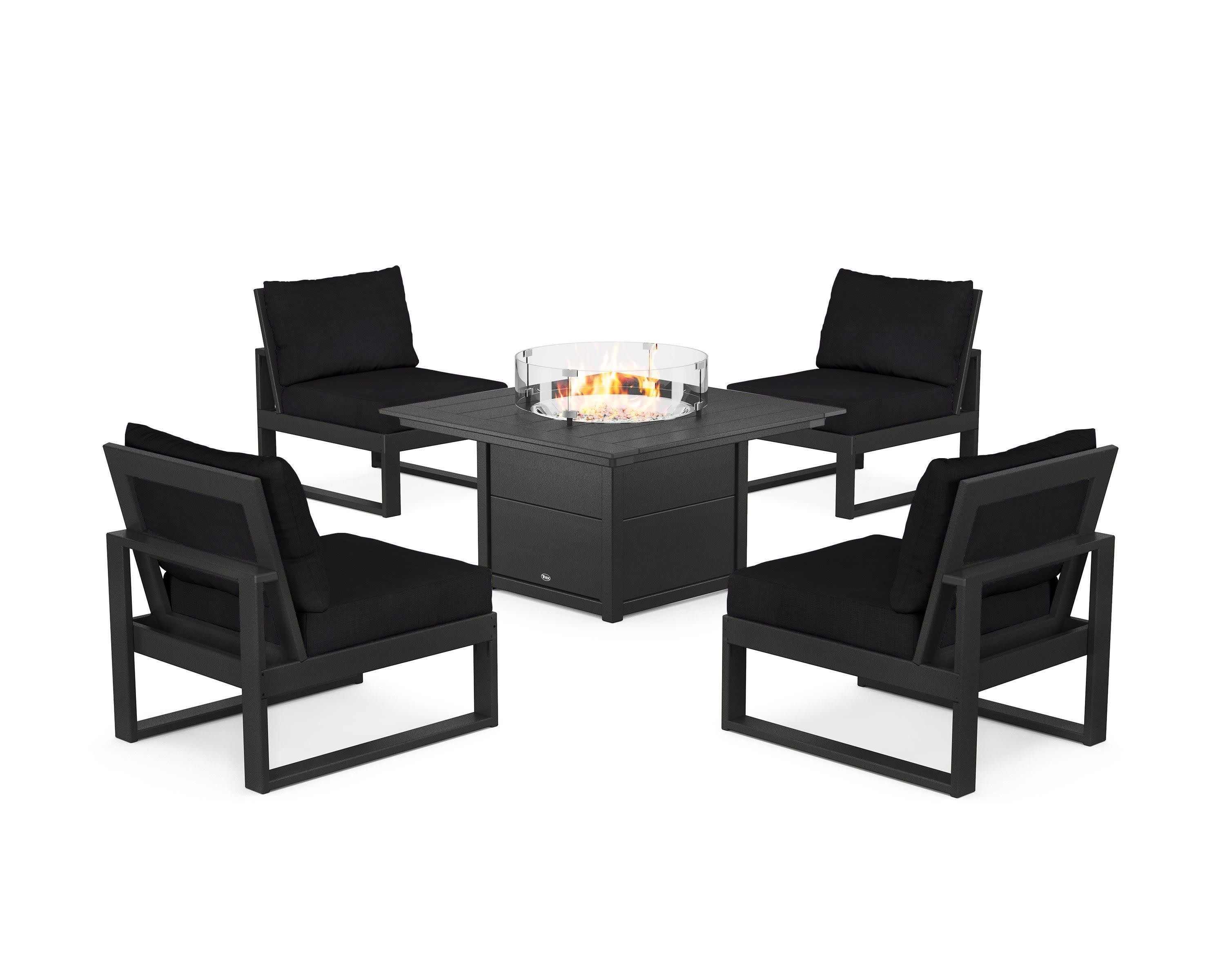 Eastport Modular 5-Piece Deep Seating Set with Square Fire Pit Table in Charcoal Black / Midnight Linen
