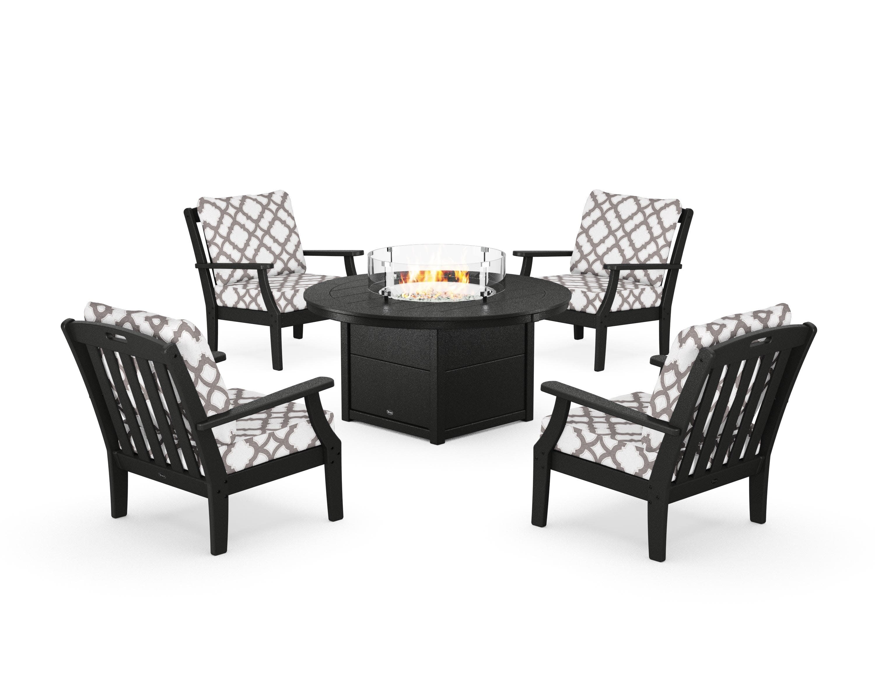 Yacht Club 5-Piece Deep Seating Set with Round Fire Pit Table in Charcoal Black / Trellis Grey Mist
