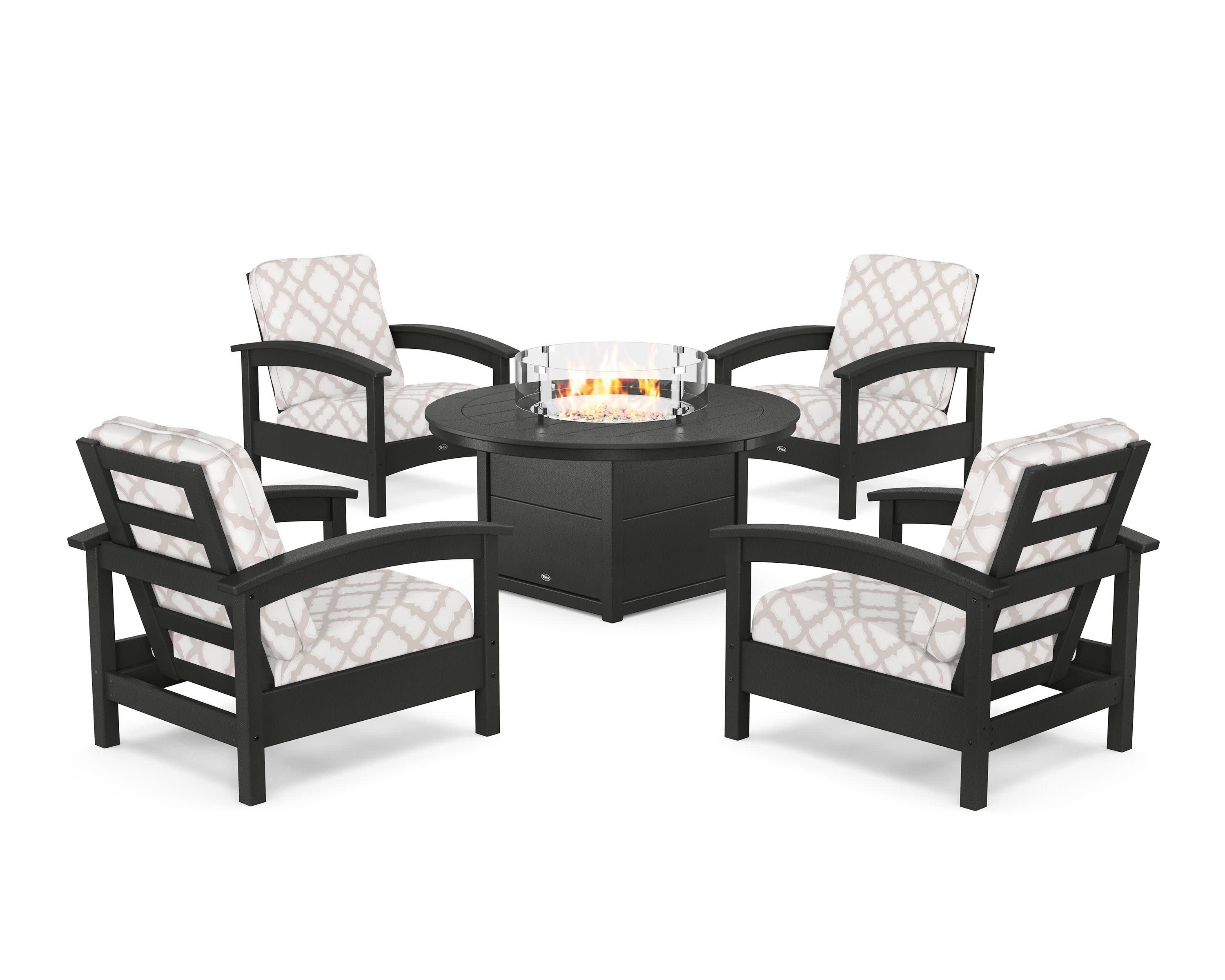 Rockport 5-Piece Deep Seating Set with Round Fire Pit Table in Charcoal Black / Trellis Dune Burlap
