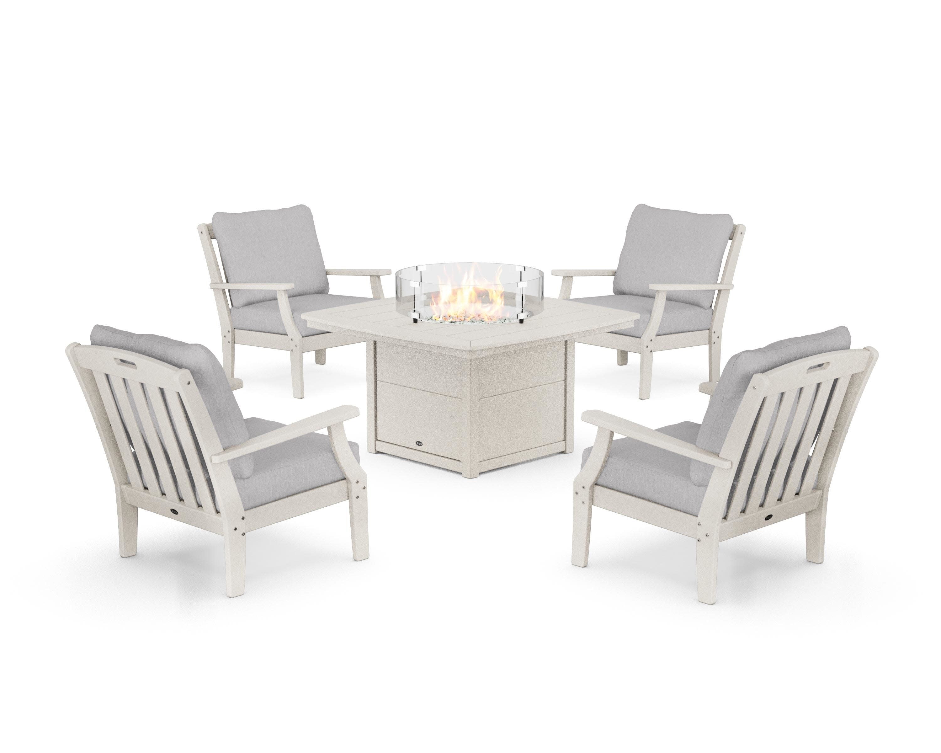 Yacht Club 5-Piece Deep Seating Set with Fire Pit Table in Sand Castle / Granite