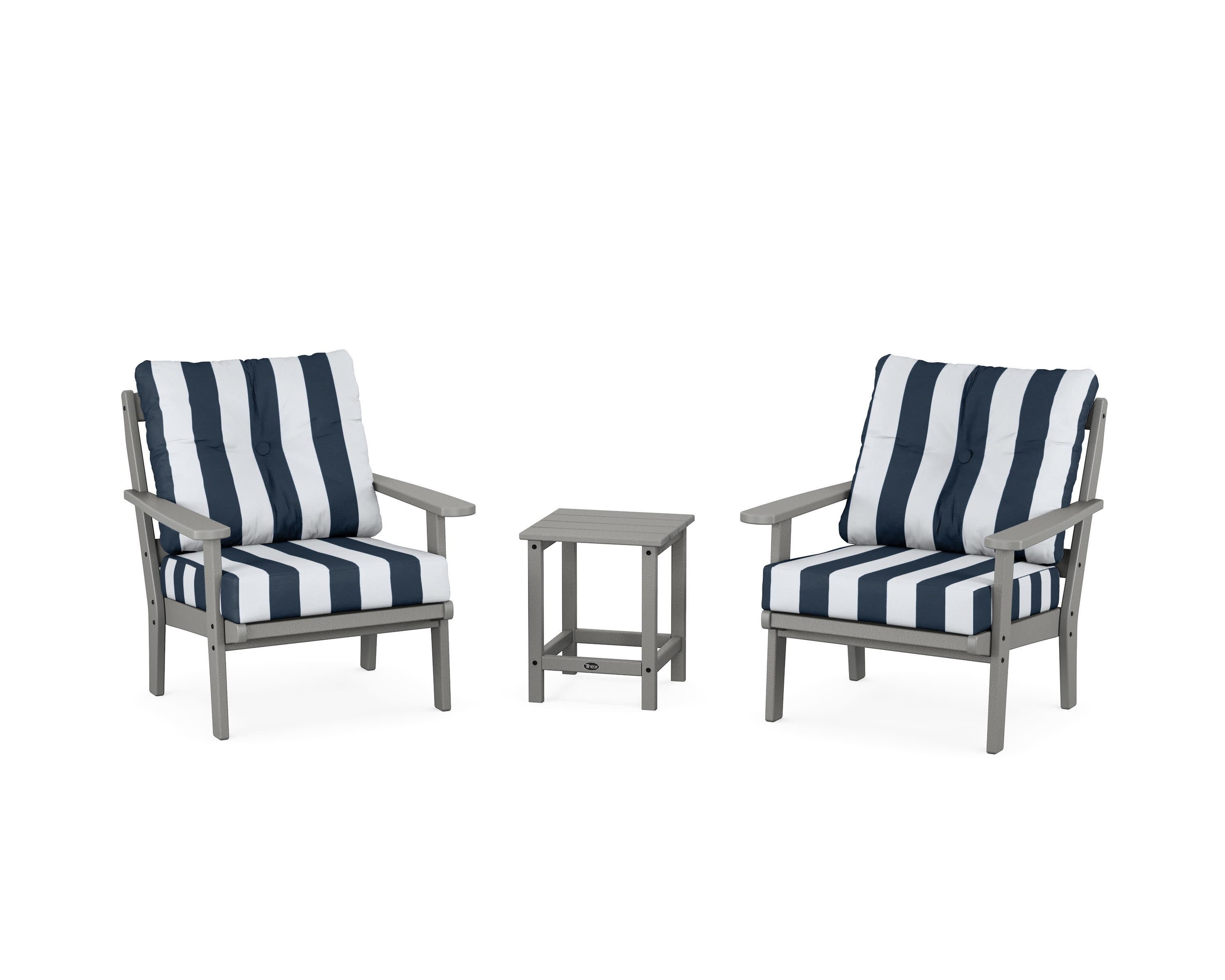 Cape Cod 3-Piece Deep Seating Set in Stepping Stone / Cabana Stripe Marine Indigo