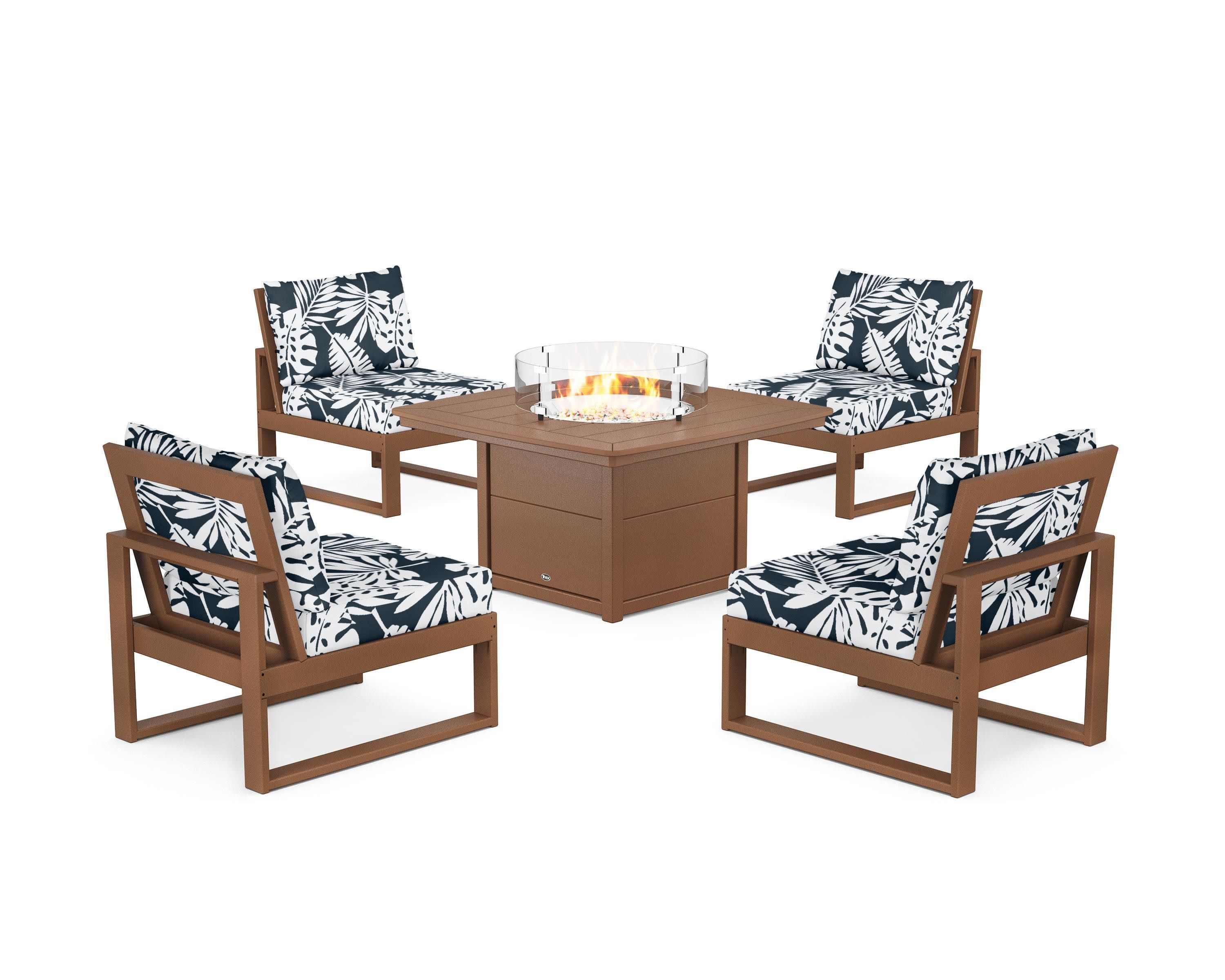 Eastport Modular 5-Piece Deep Seating Set with Yacht Club Fire Pit Table in Tree House / Leaf Marine Indigo