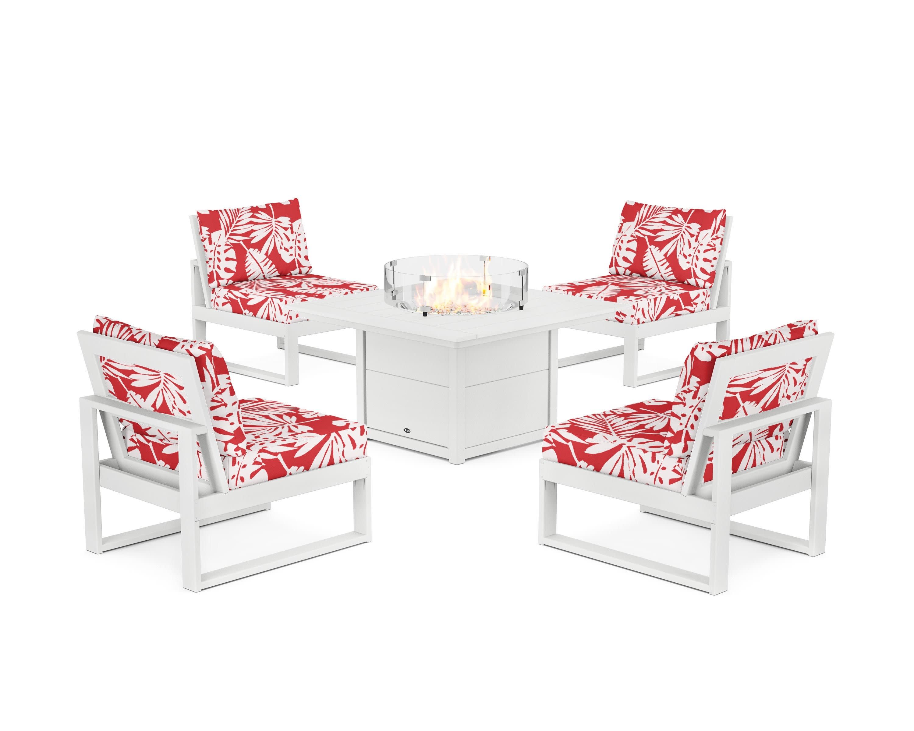 Eastport Modular 5-Piece Deep Seating Set with Square Fire Pit Table in Classic White / Leaf Crimson