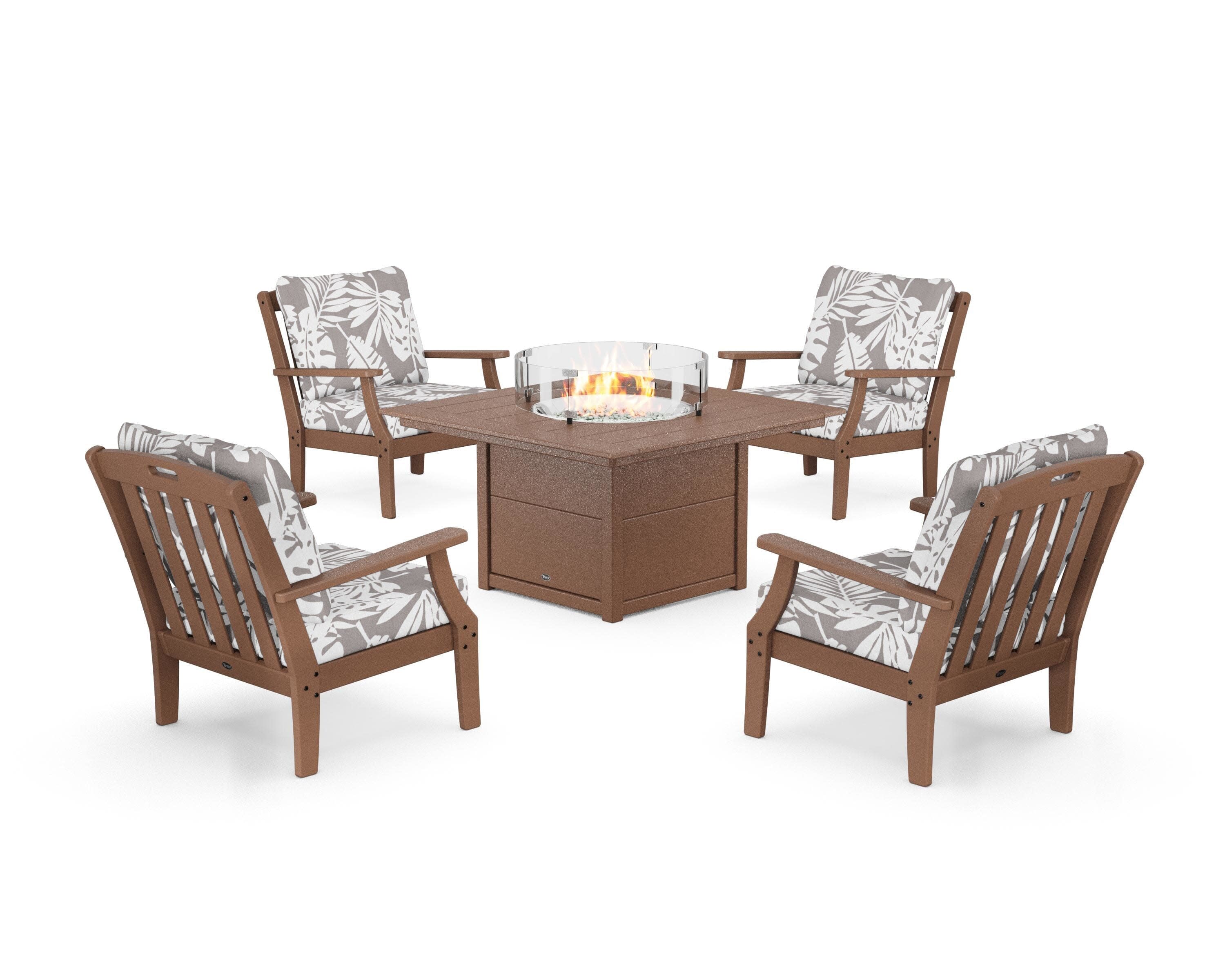 Yacht Club 5-Piece Deep Seating Set with Square Fire Pit Table in Tree House / Leaf Grey Mist