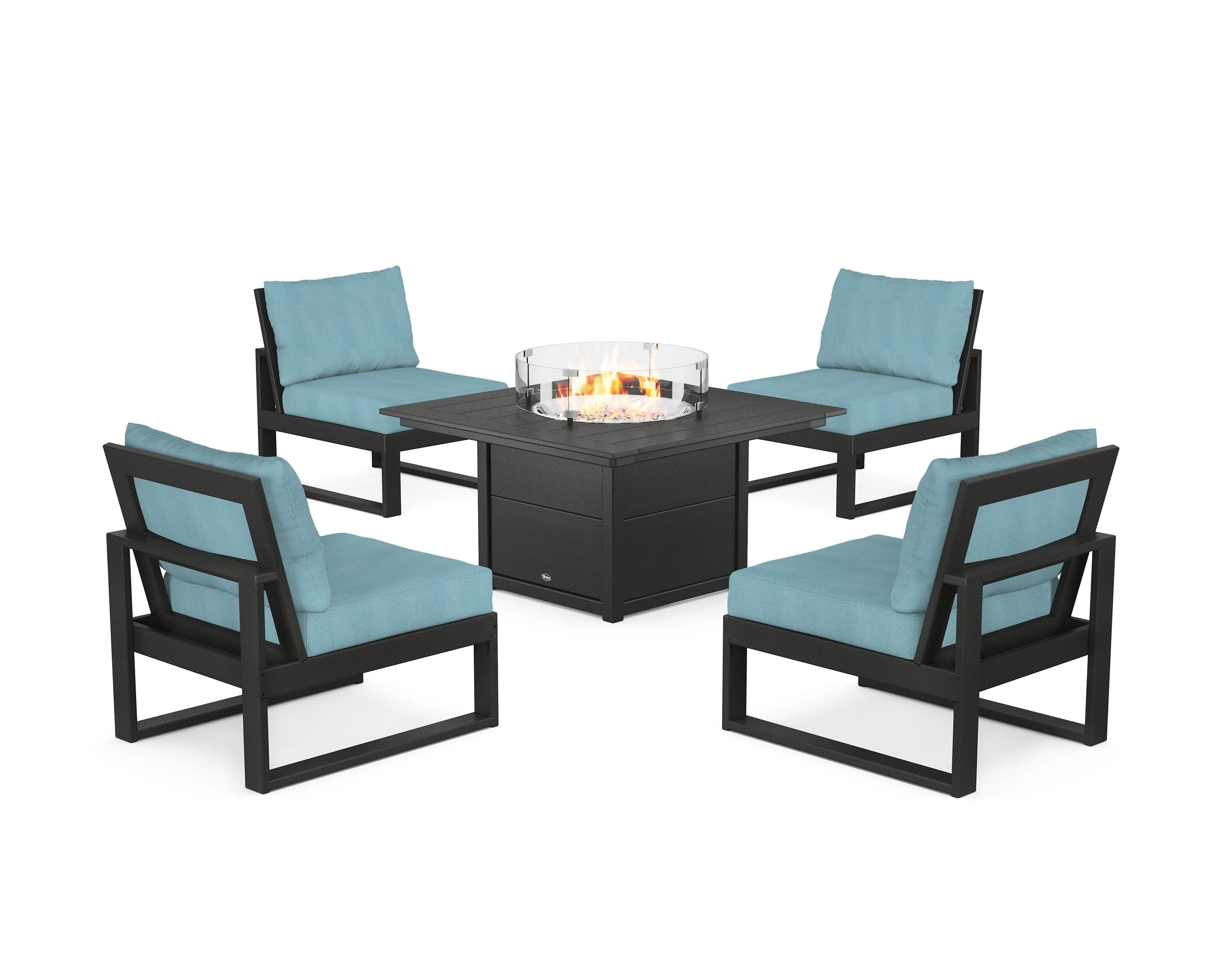 Eastport Modular 5-Piece Deep Seating Set with Square Fire Pit Table in Charcoal Black / Lattice Sky Blue
