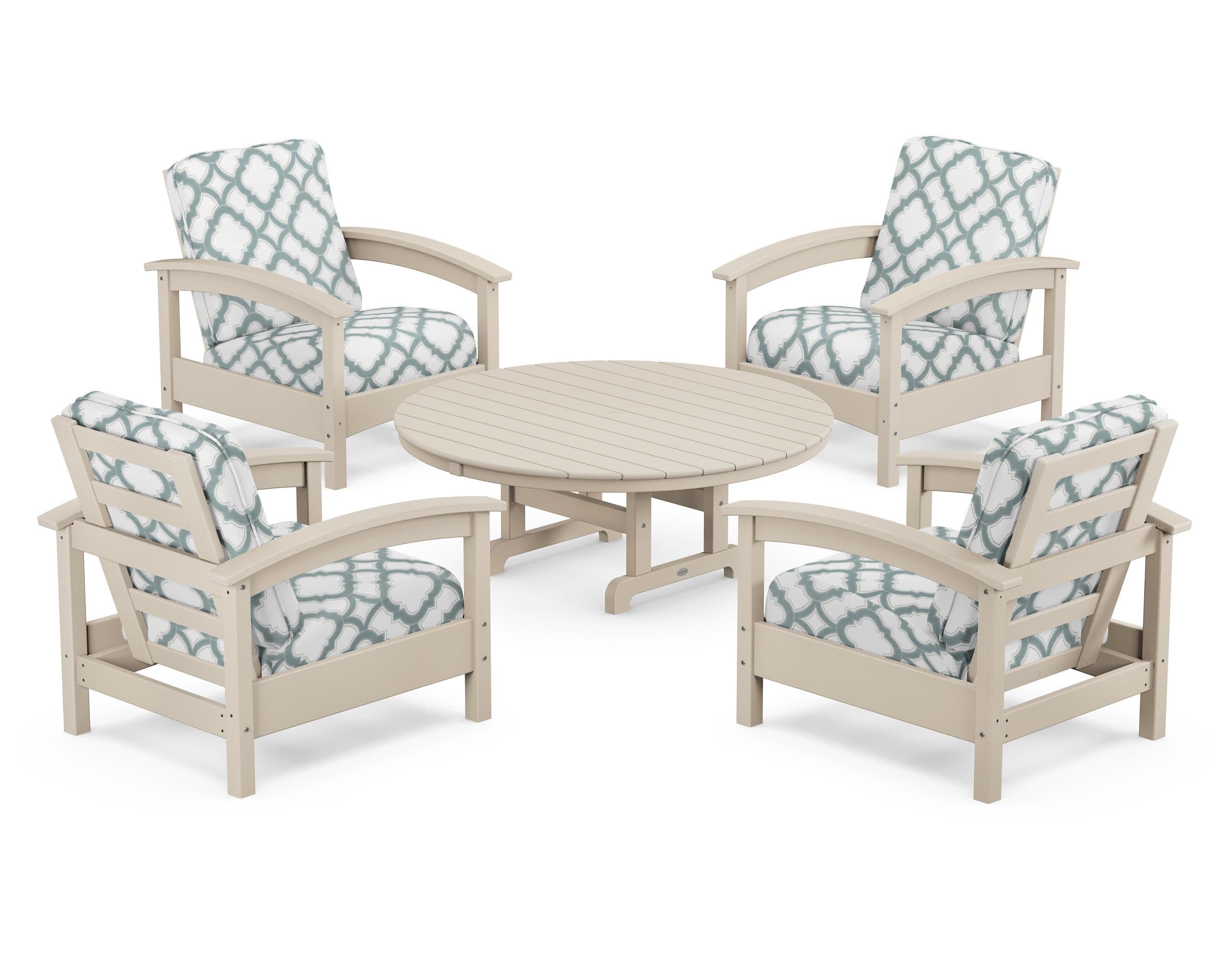Rockport 5-Piece Deep Seating Set in Sand Castle / Trellis Glacier Spa
