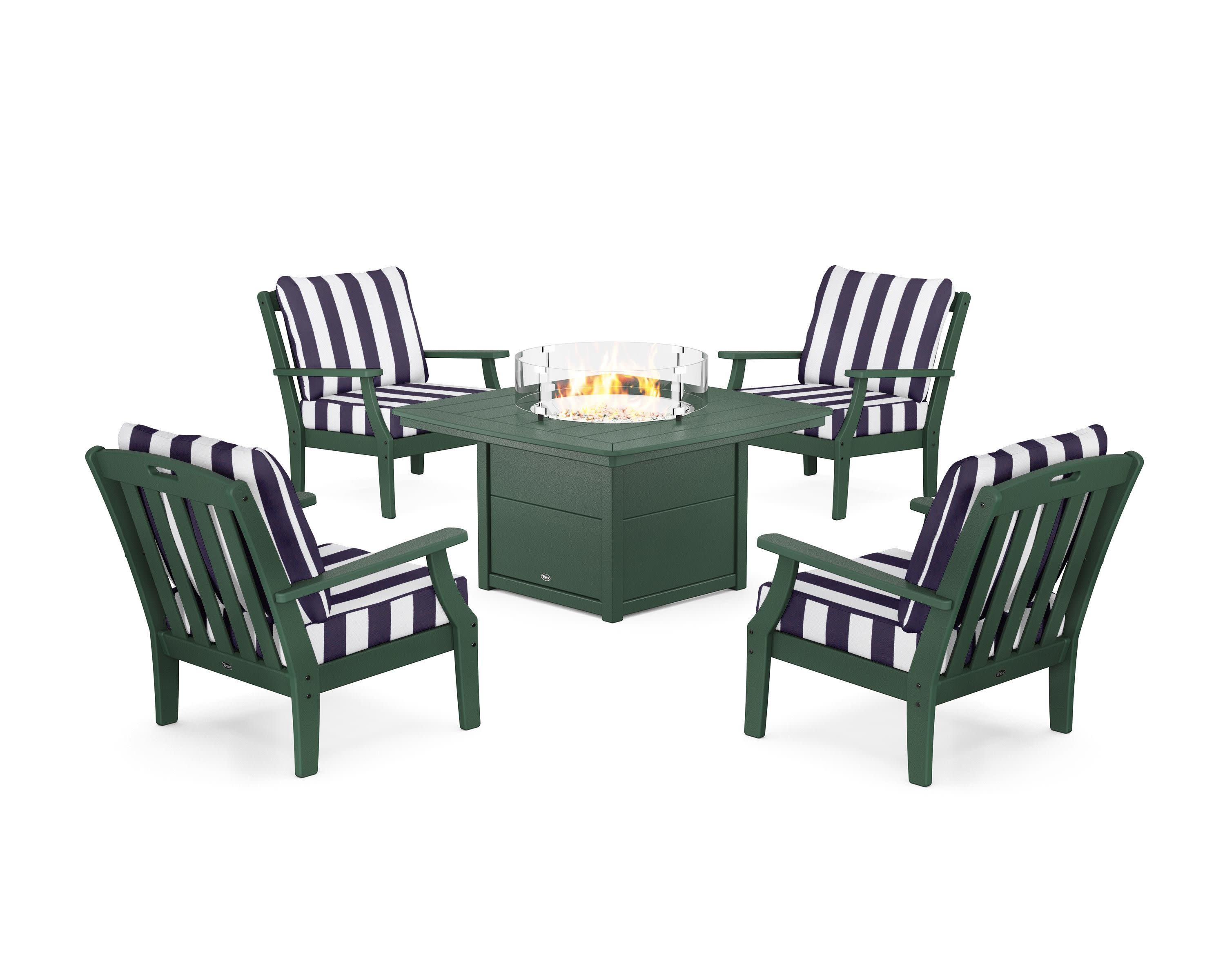 Yacht Club 5-Piece Deep Seating Set with Fire Pit Table in Rainforest Canopy / Cabana Stripe Navy