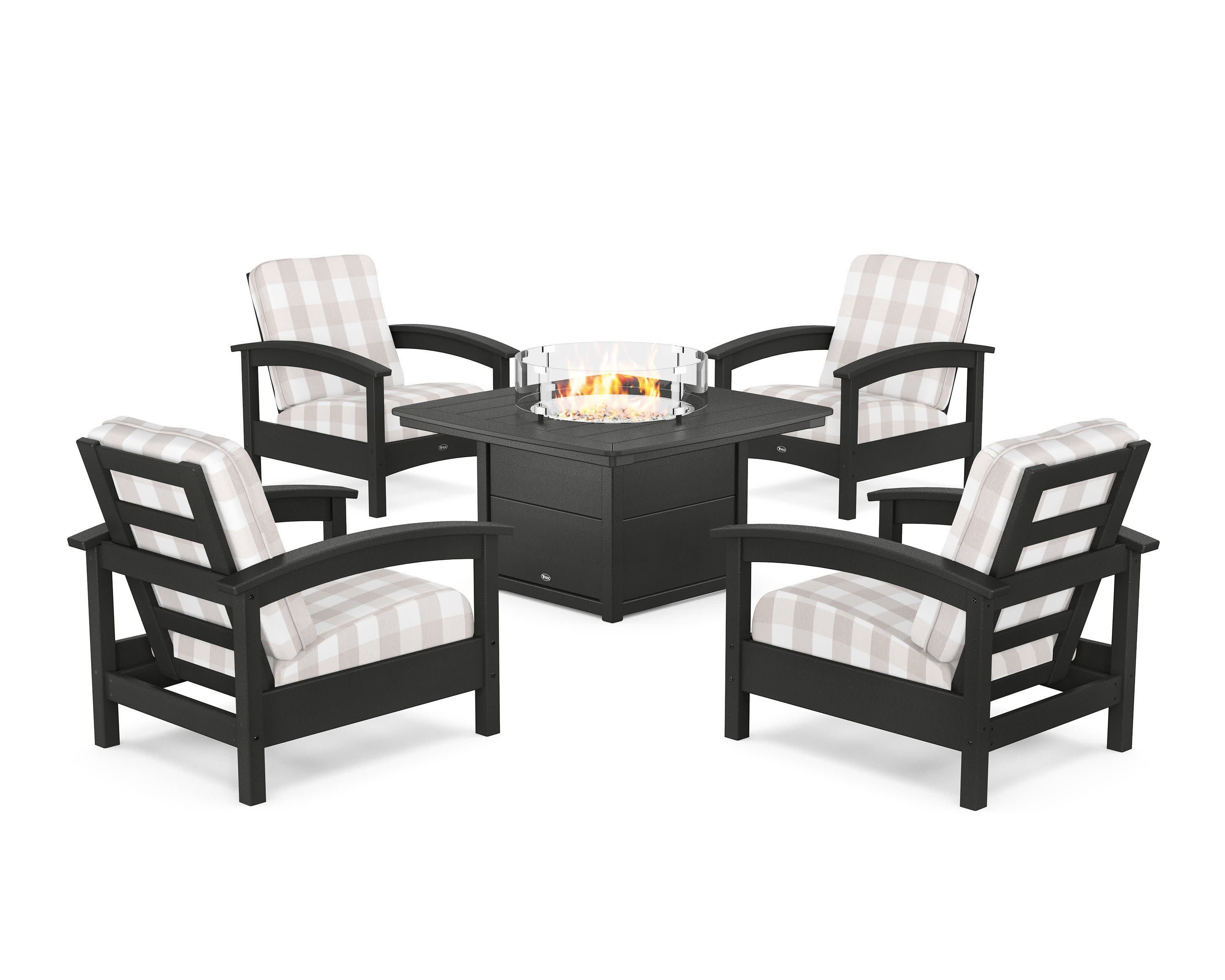Rockport 5-Piece Deep Seating Set with Yacht Club Fire Pit Table in Charcoal Black / Buffalo Plaid Dune Burlap