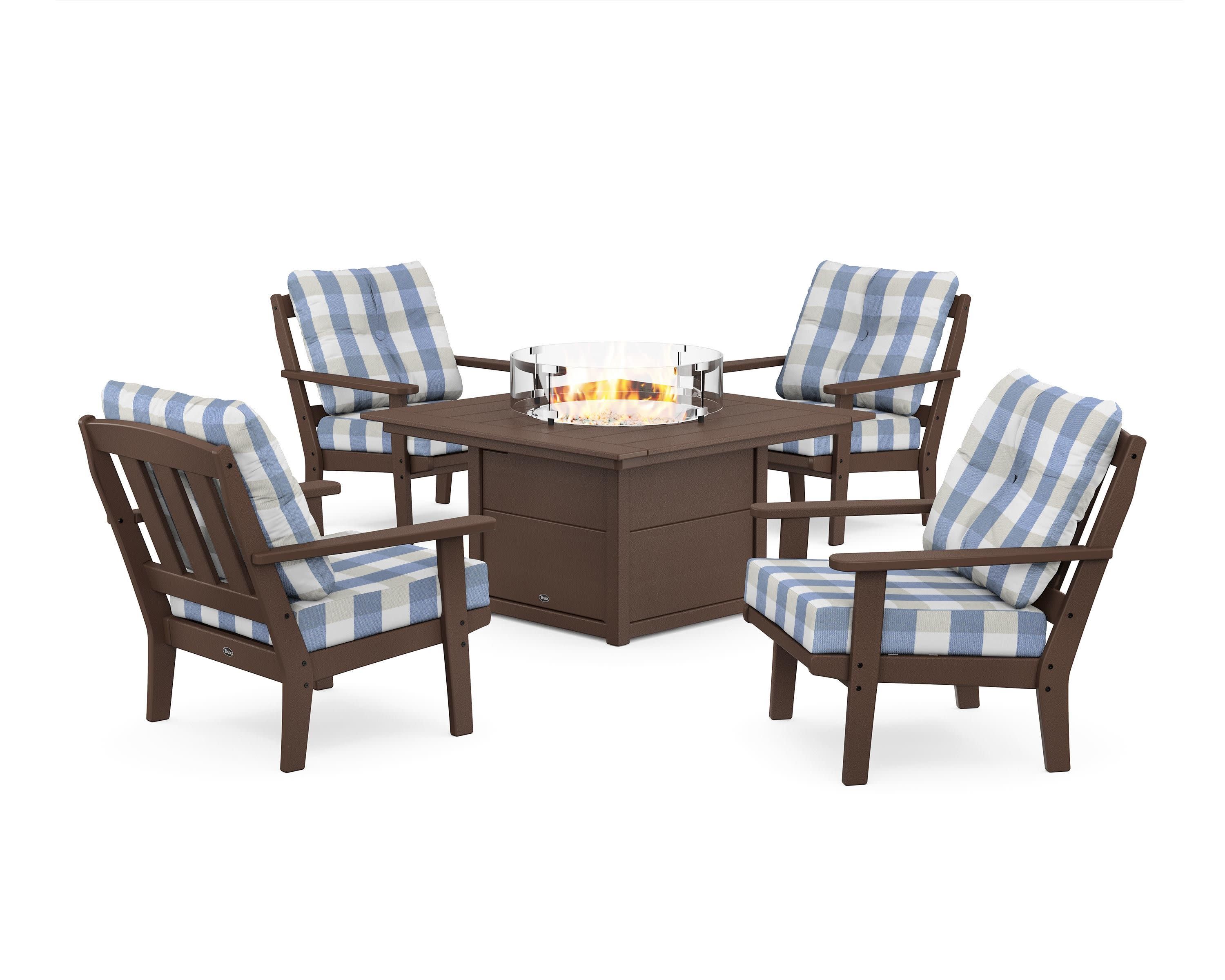 Cape Cod 5-Piece Deep Seating Set with Fire Pit Table in Vintage Lantern / Buffalo Plaid Sky Blue